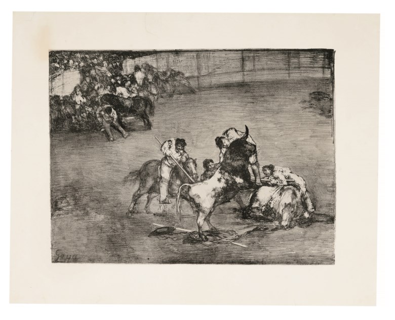 Francisco de Goya y Lucientes (1746-1828), Picador caught by a Bull (Bravo Toro), from The Bulls of Bordeaux. Image 307 x 412  mm, Sheet 424 x 530  mm. Offered in Old Master Prints on 29 January 2019 at Christie’s in New York and sold for $43,750