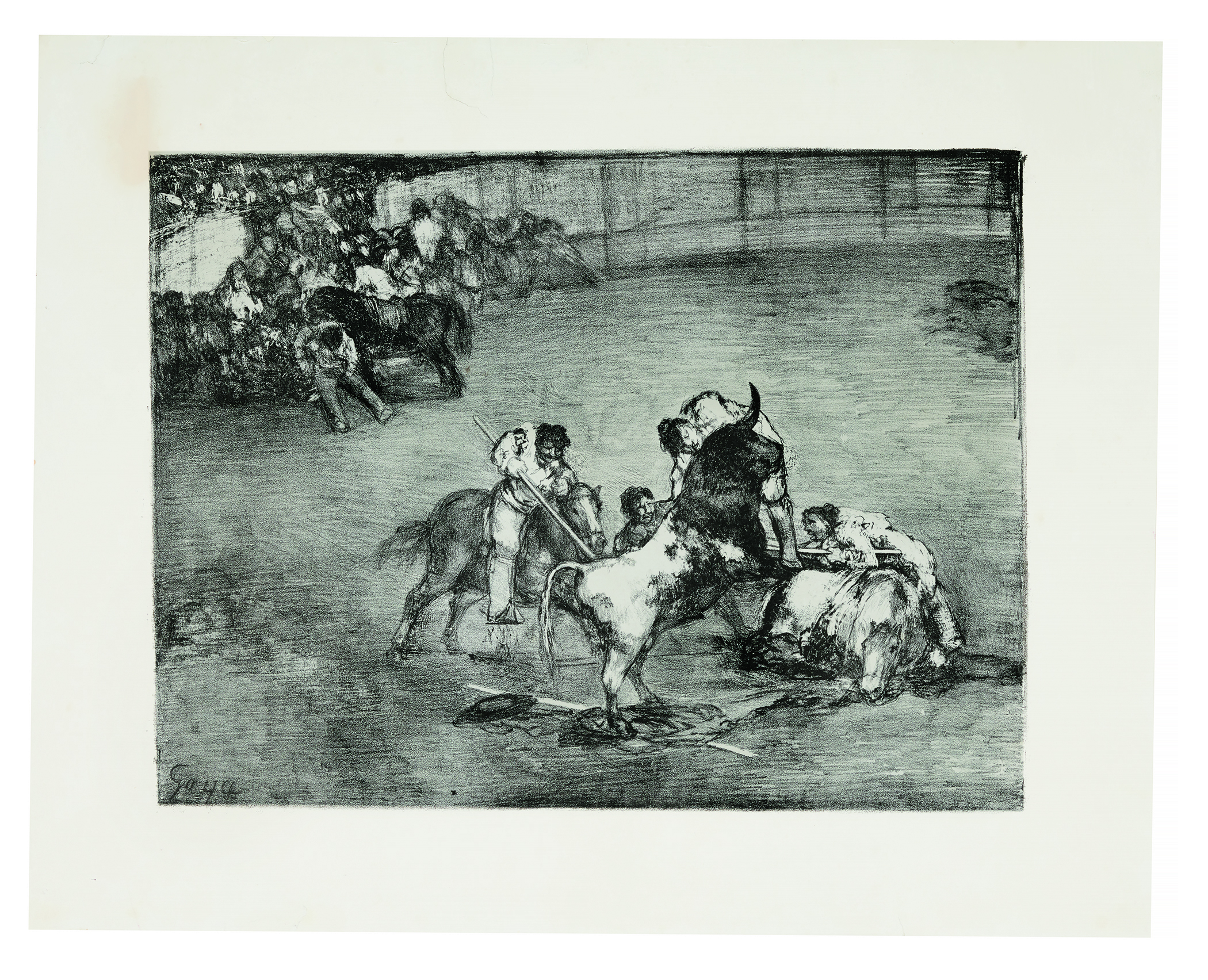 Francisco de Goya y Lucientes (1746-1828), Picador caught by a Bull (Bravo Toro), from: The Bulls of Bordeaux. Image 307 x 412  mm, Sheet 424 x 530  mm. Offered in Old Master Prints on 29 January 2019 at Christie&rsquo;s in New York and sold for $43,750