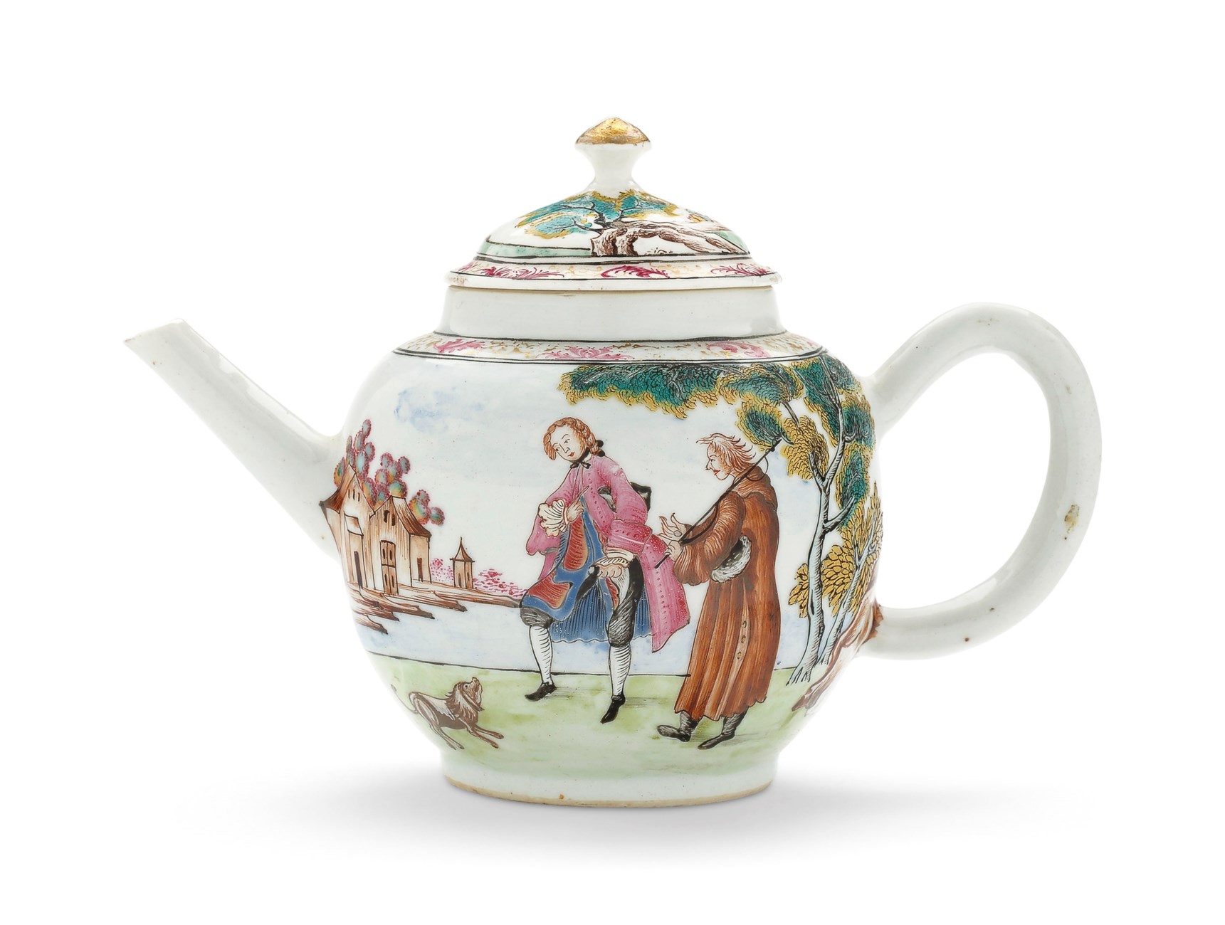 A FINELY ENAMELED EUROPEAN SUBJECT TEAPOT AND COVER, QIANLONG PERIOD