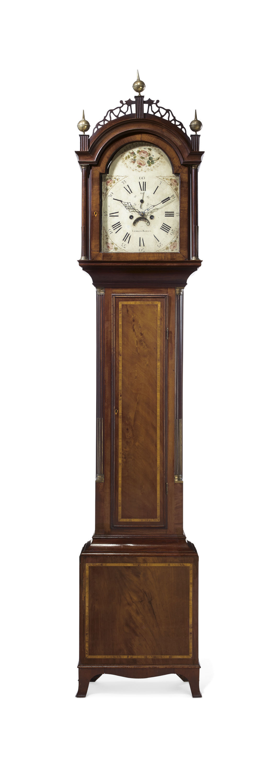 A FEDERAL INLAID MAHOGANY BRASSMOUNTED TALLCASE CLOCK , DIAL SIGNED