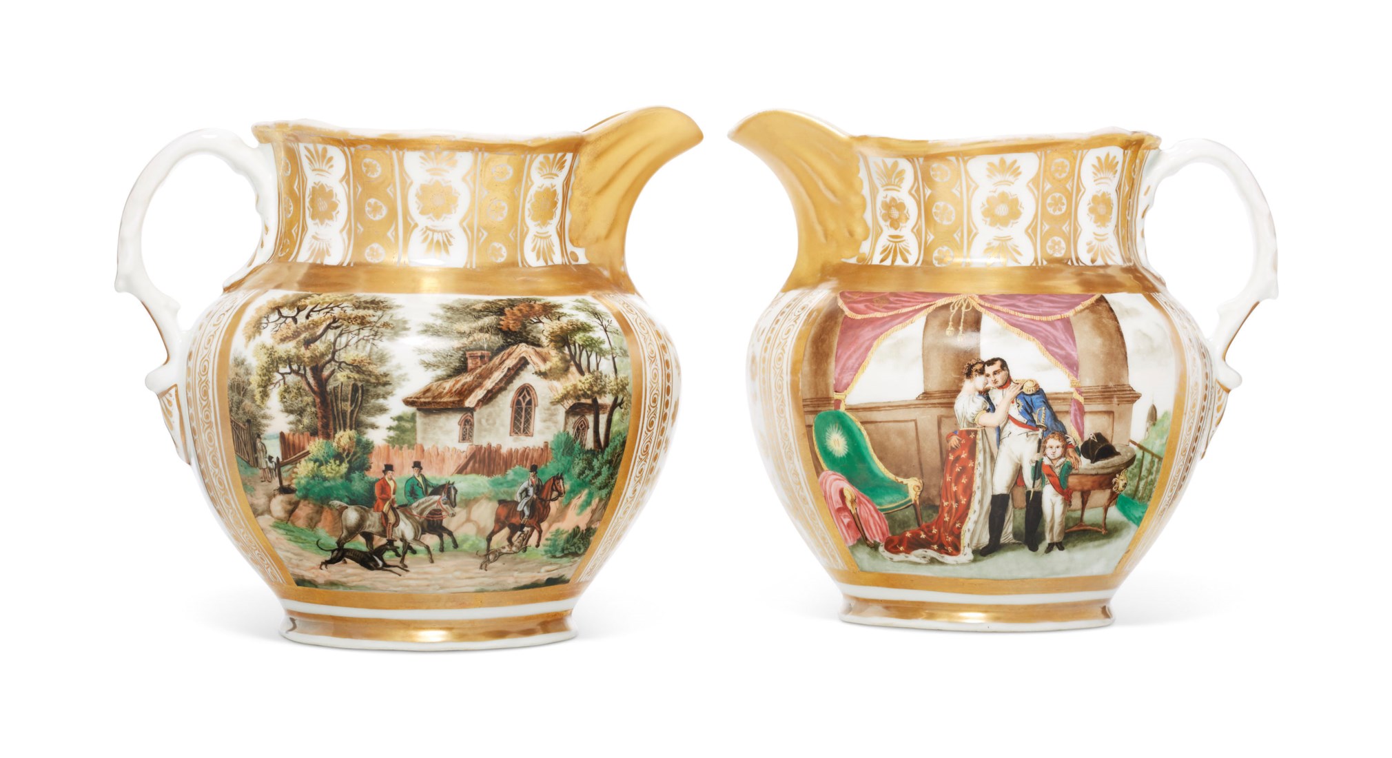 A PAIR OF GILT AND ENAMELDECORATED PORCELAIN PITCHERS