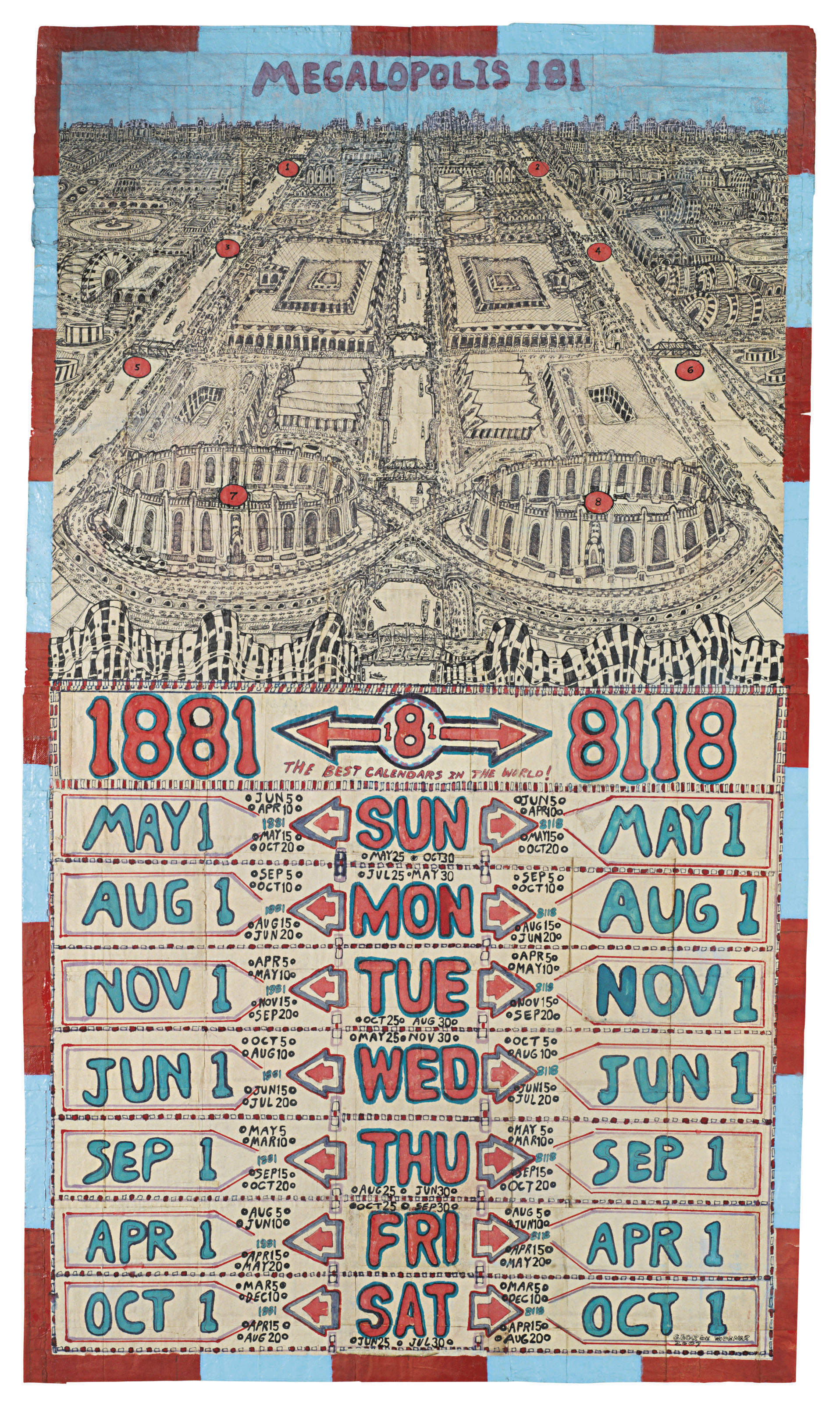 喬治&middot;懷德 （1962年生），《Megalopolis 181》，2007年作。顏料 墨水 紙本。53 x 30 &frac12;英寸（134.6 x 77.5公分）。此作於2019年1月18日在佳士得紐約售出，成交價40,000美元