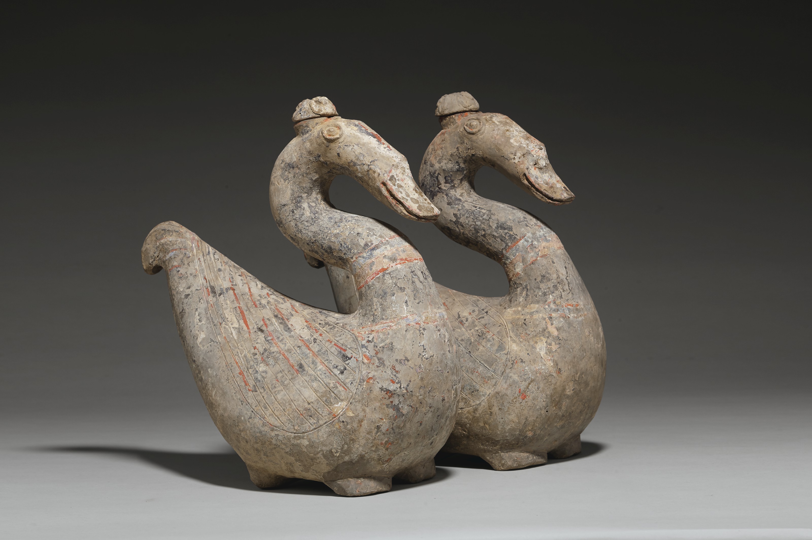A Rare Pair Of Painted Pottery Goose Form Vessels And Covers Han