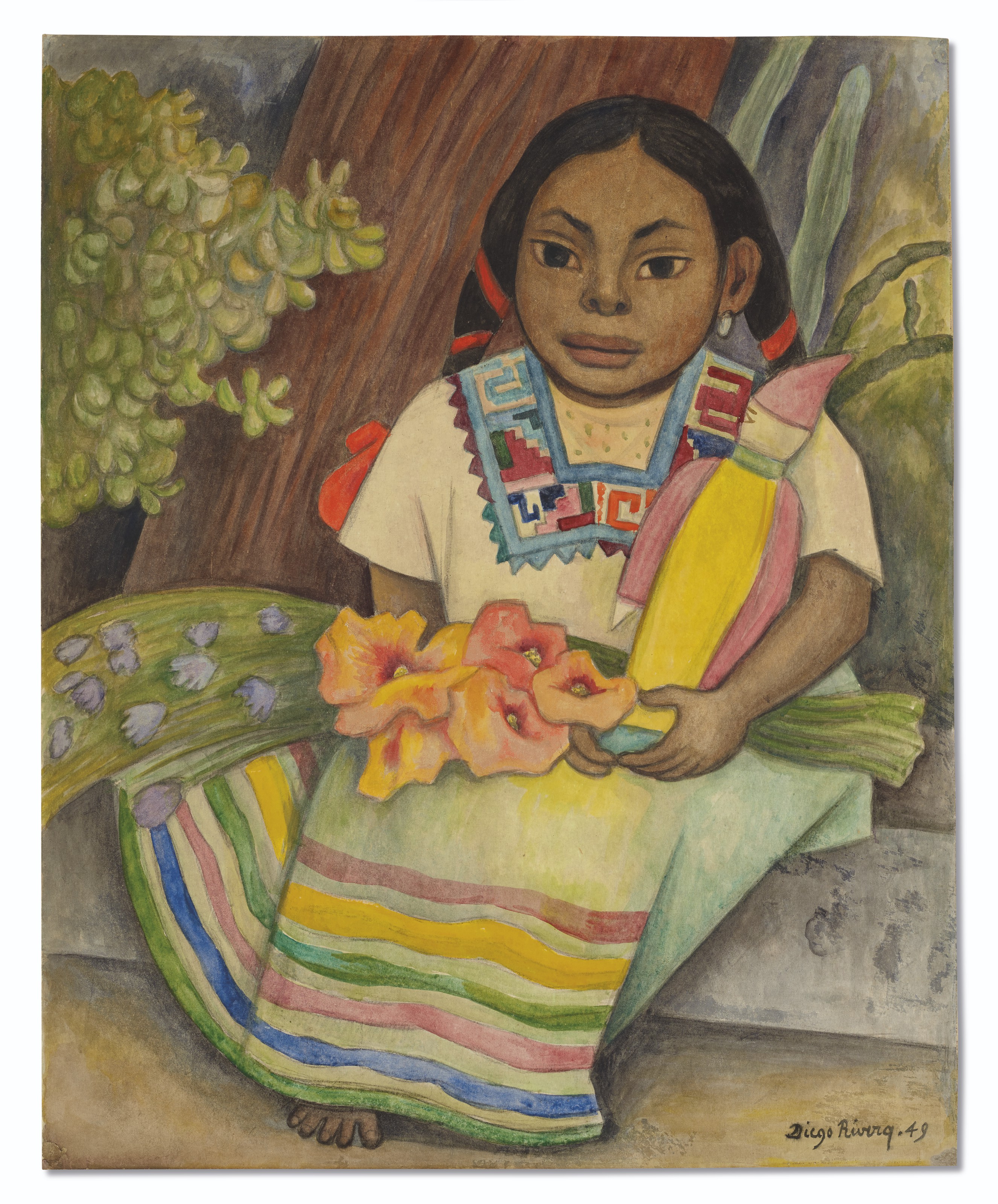 Niña sentada con flores