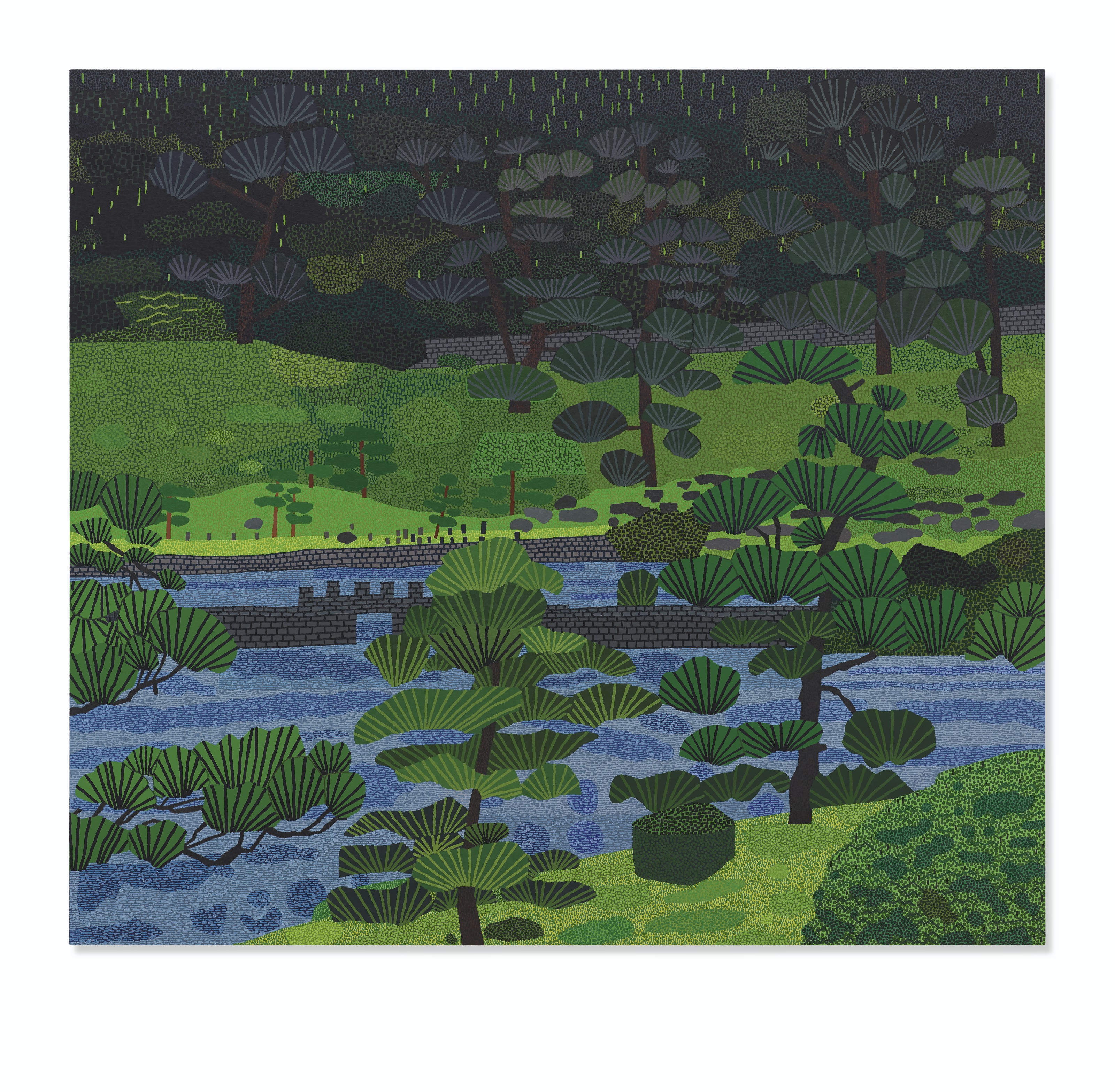Jonas Wood (b. 1977), Japanese Garden 3, painted in 2019. Oil and acrylic on canvas. 88 x 98  in (223.5 x 248.9  cm). Sold for $4,928,500 on 15 May 2019 at Christie&rsquo;s in New York