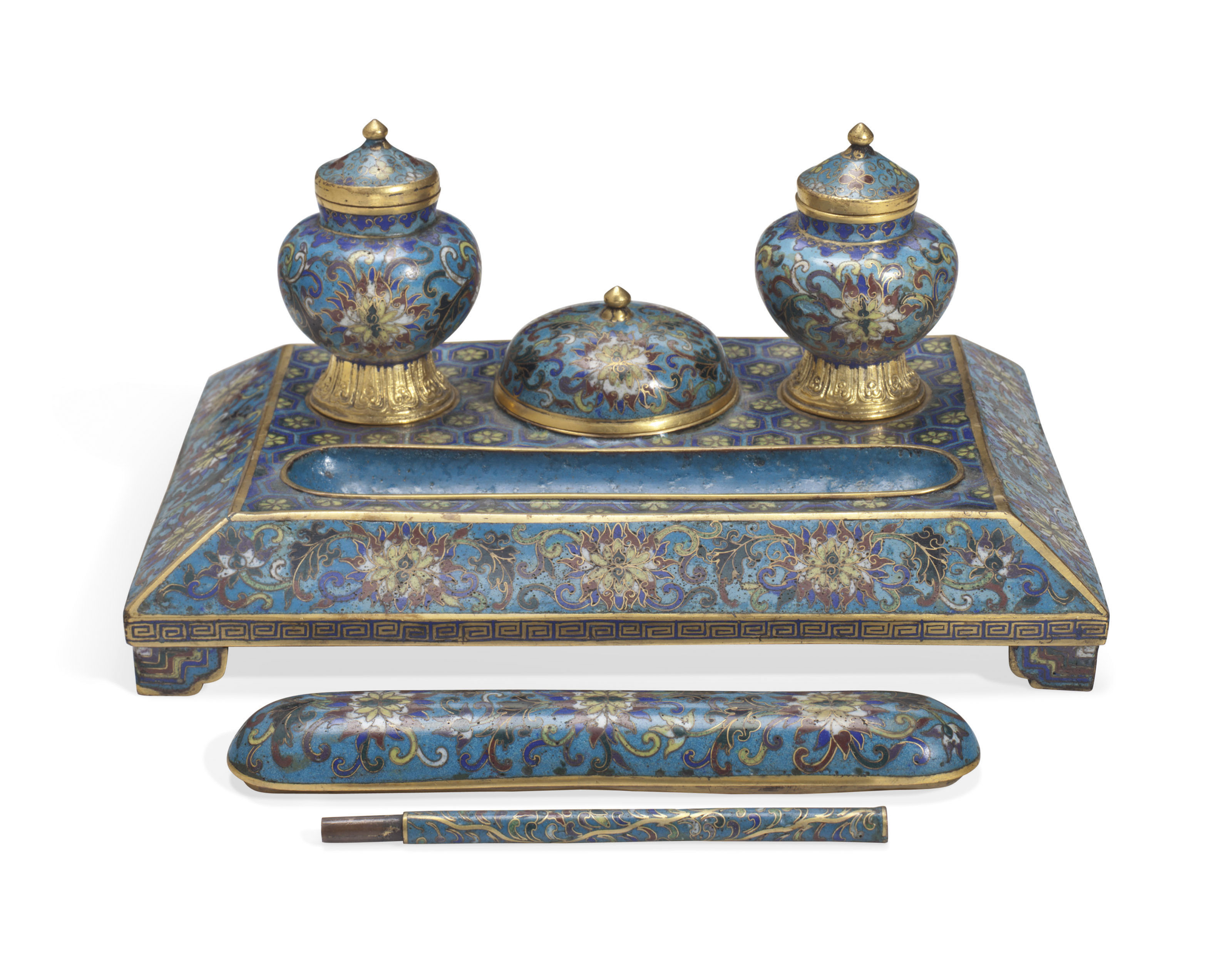 A Chinese Cloisonne Enamel Rectangular Desk Set Qing Dynasty