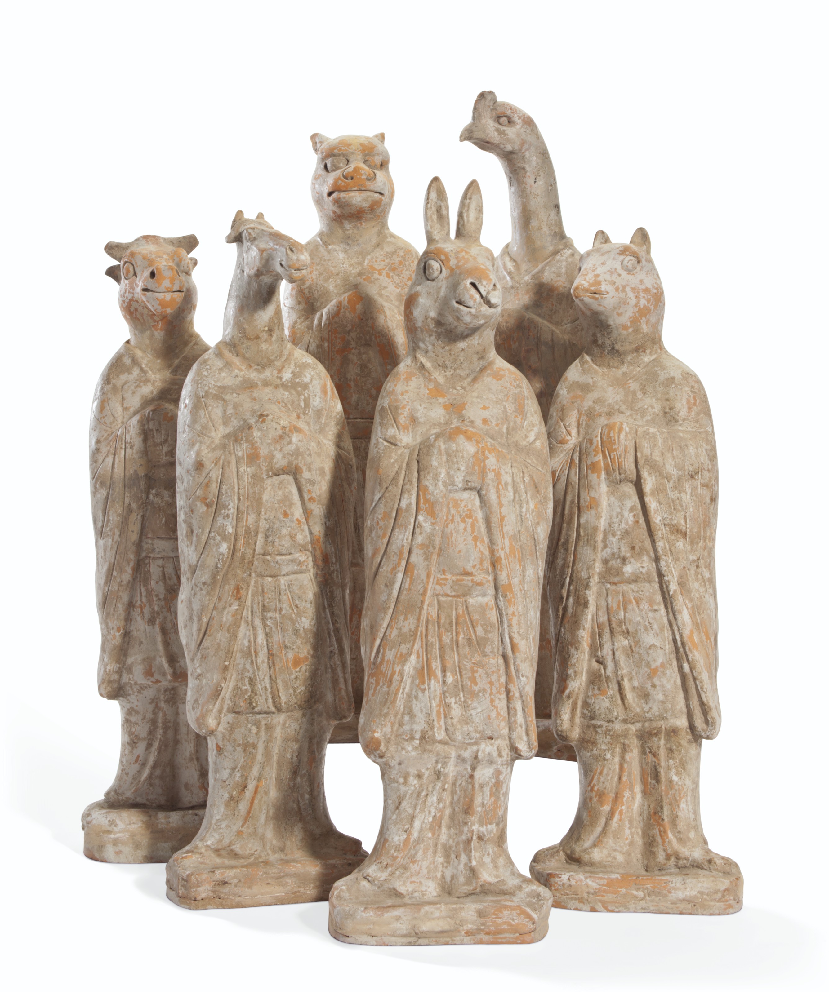 Chinese zodiac pottery six painted figures red lot tang A SET OF SIX CHINESE LARGE PAINTED RED POTTERY ZODIAC FIGURES , TANG