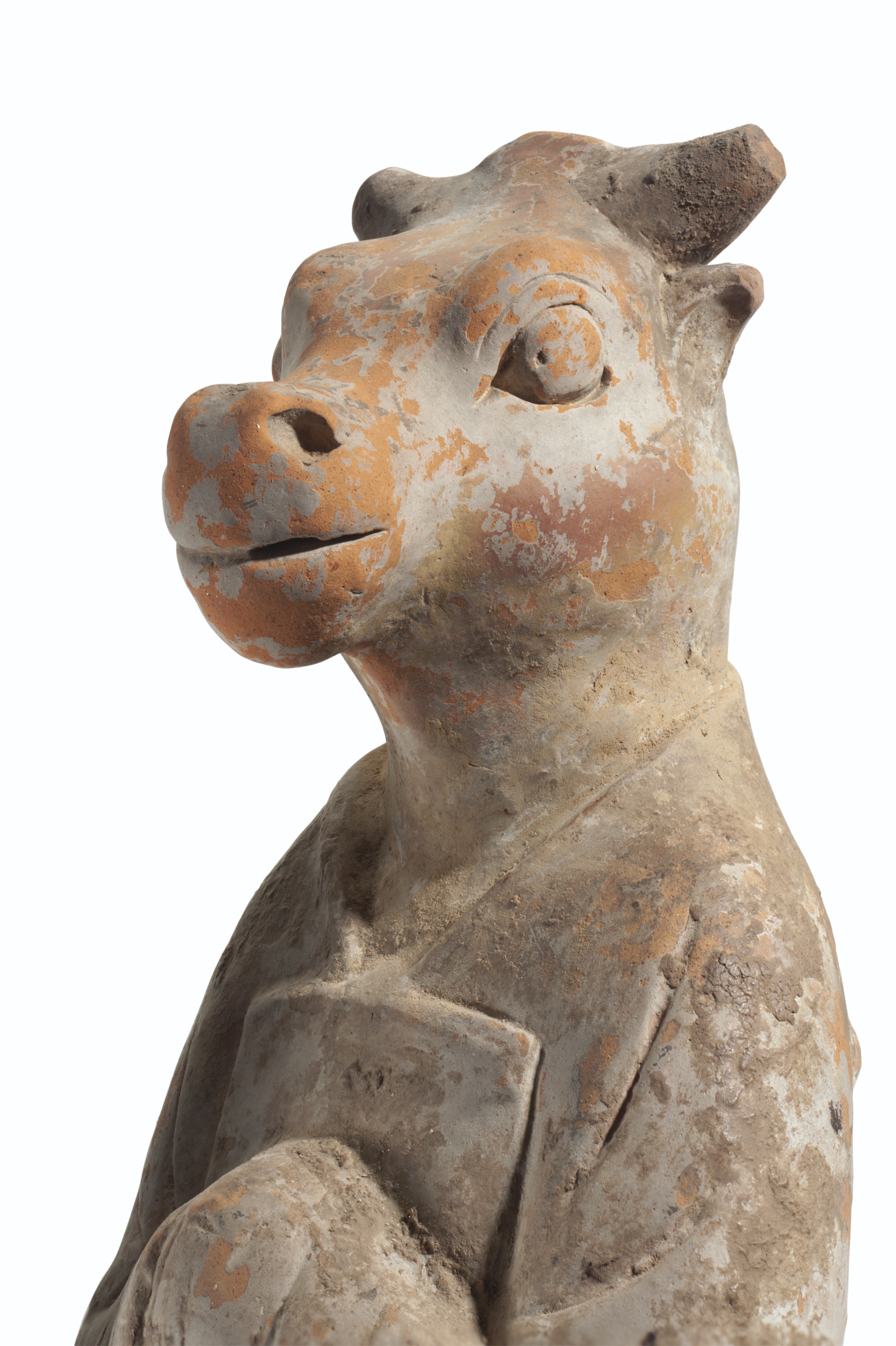 A SET OF SIX CHINESE LARGE PAINTED RED POTTERY ZODIAC FIGURES , TANG