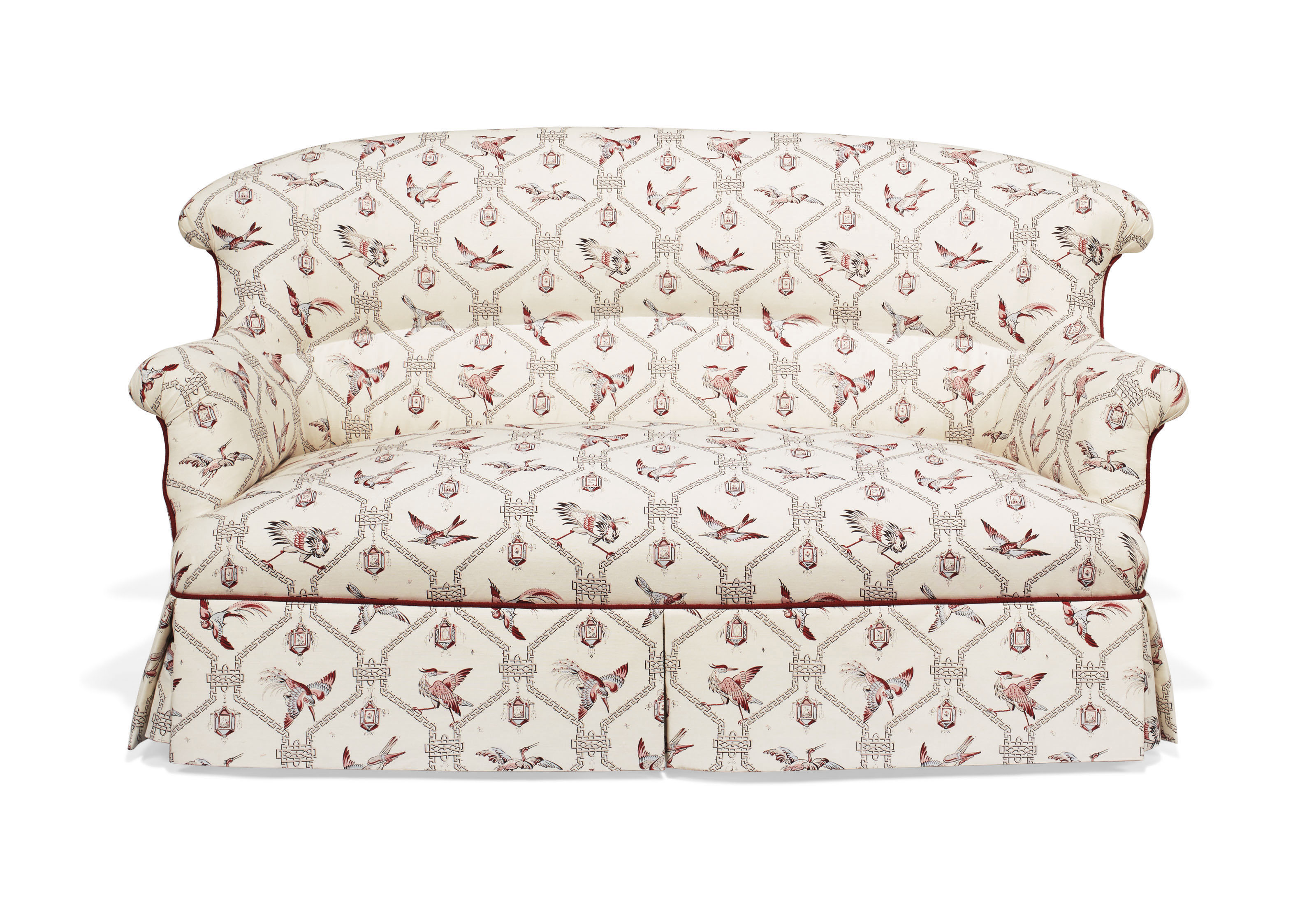 And afterwards, reimagined with a modern bird-print fabric.&nbsp;A Victorian upholstered two-seat sofa, 19th century. 60  in (152.4  cm) wide. Estimate: $1,000-1,500. This lot is offered in Little Cassiobury: The Collection of Susan Lyall on 16 January 2019 at Christie&rsquo;s in New York