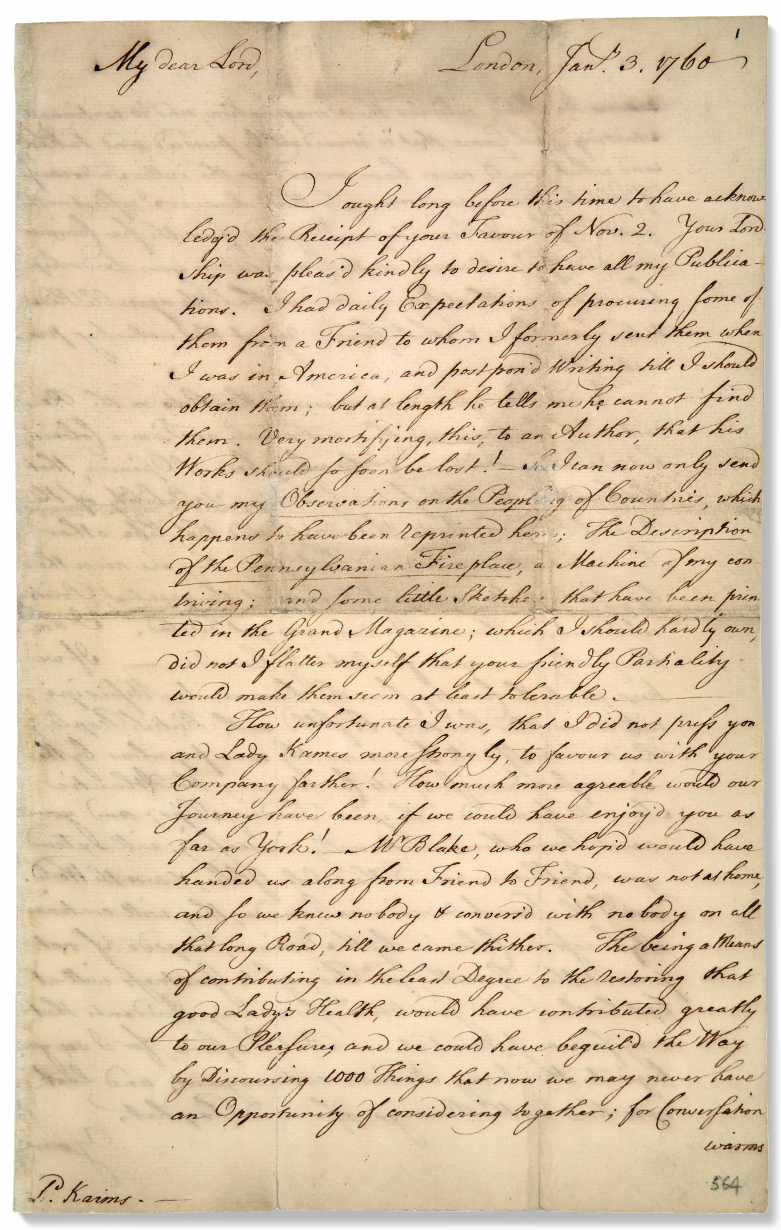 Franklin, Benjamin (1706-1790). Autograph letter signed (&lsquo;B. Franklin&rsquo;) to Henry Home, Lord Kames, London, 3 January 1760. Franklin on the British conquest of Canada: &lsquo;No one can rejoice more sincerely than I do on the Reduction of Canada&rsquo;. Estimate: $40,000-60,000. This lot is offered in Fine Printed Books &amp; Manuscripts Including Americana on 12 June 2019 at Christie&rsquo;s in New York