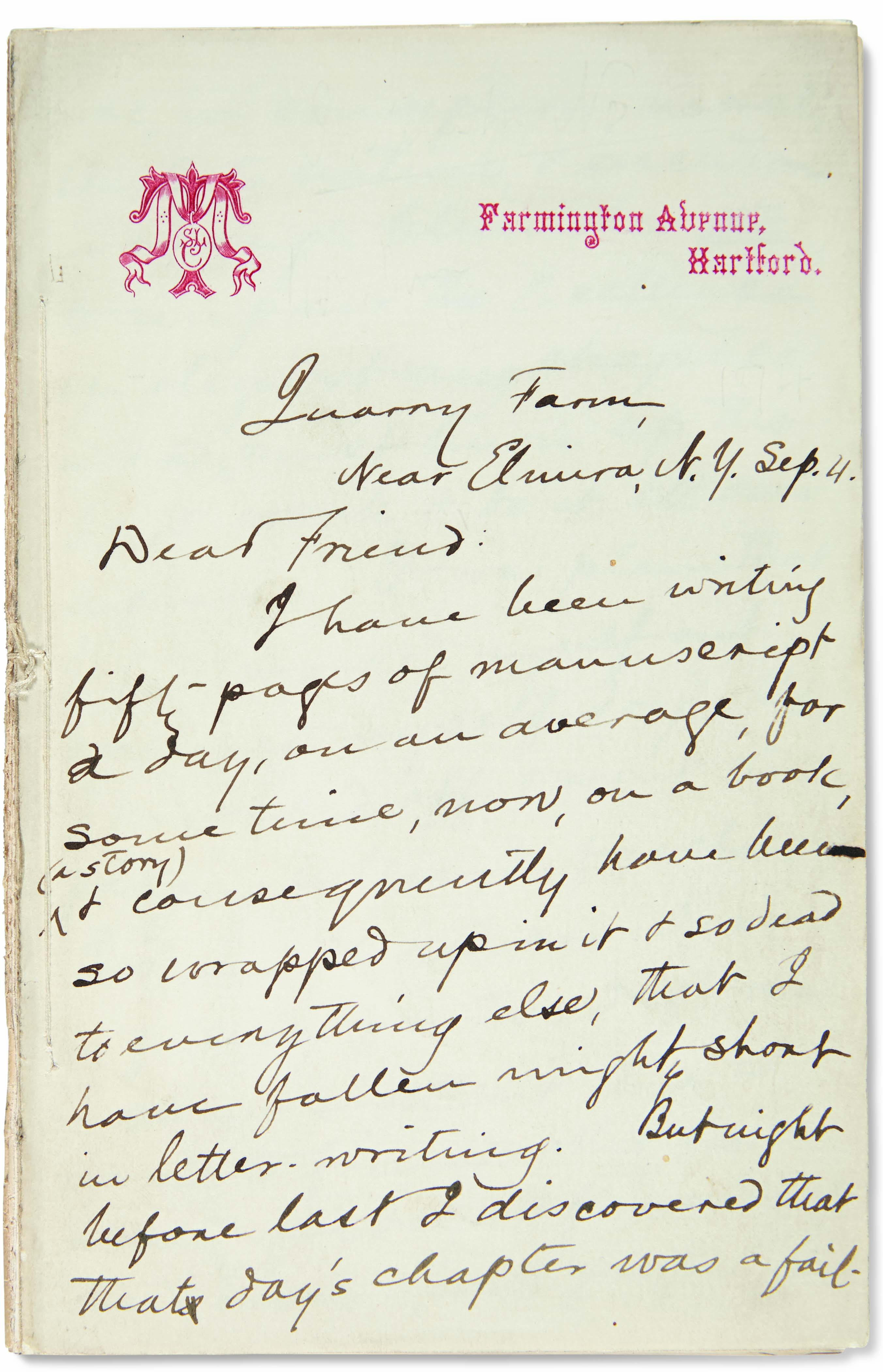 CLEMENS, Samuel Langhorne (''Mark Twain'') (1835-1910). Autograph letter...