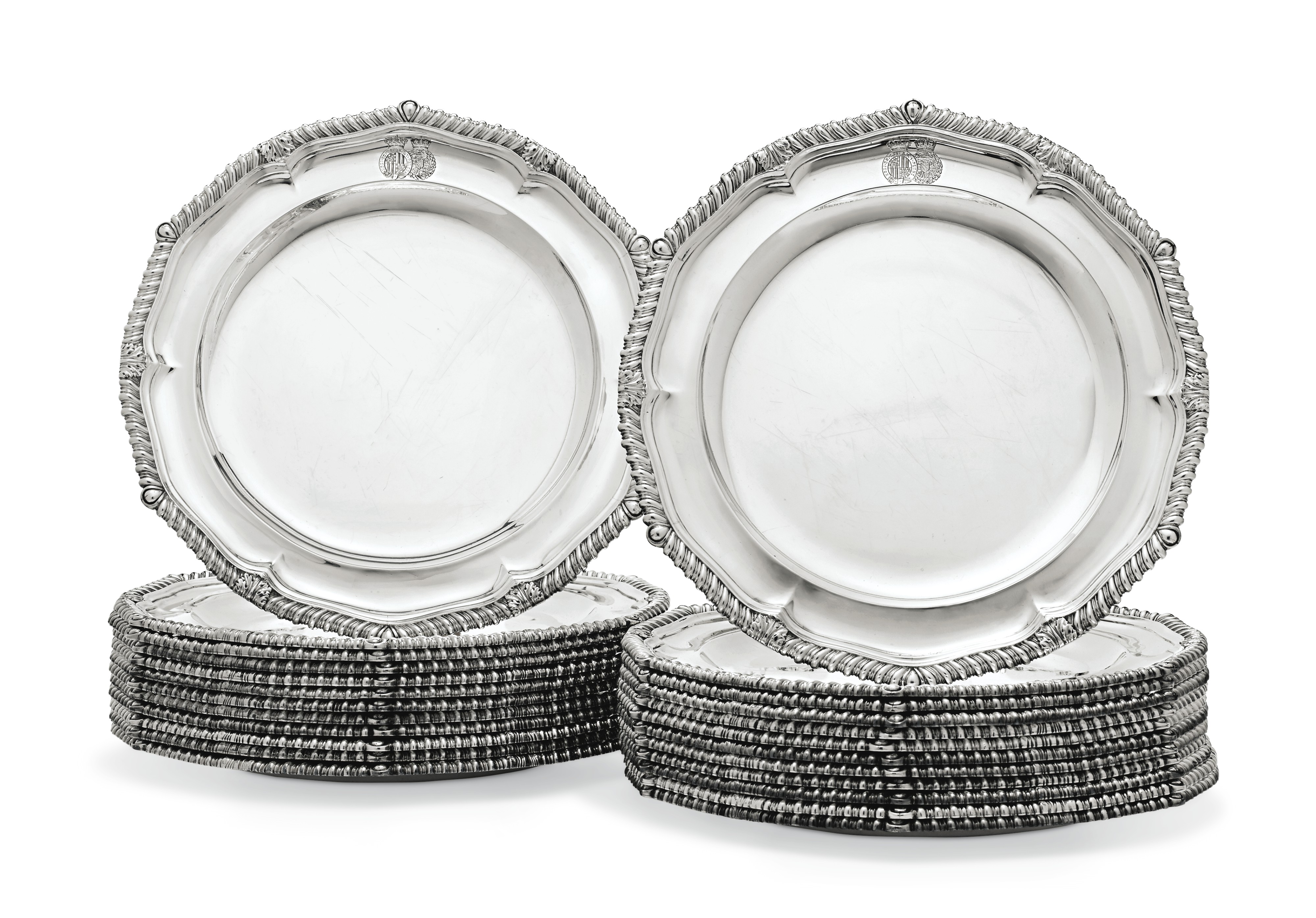 A SET OF TWENTYFOUR SILVER DINNER PLATES FROM THE BATTENBURG SERVICE