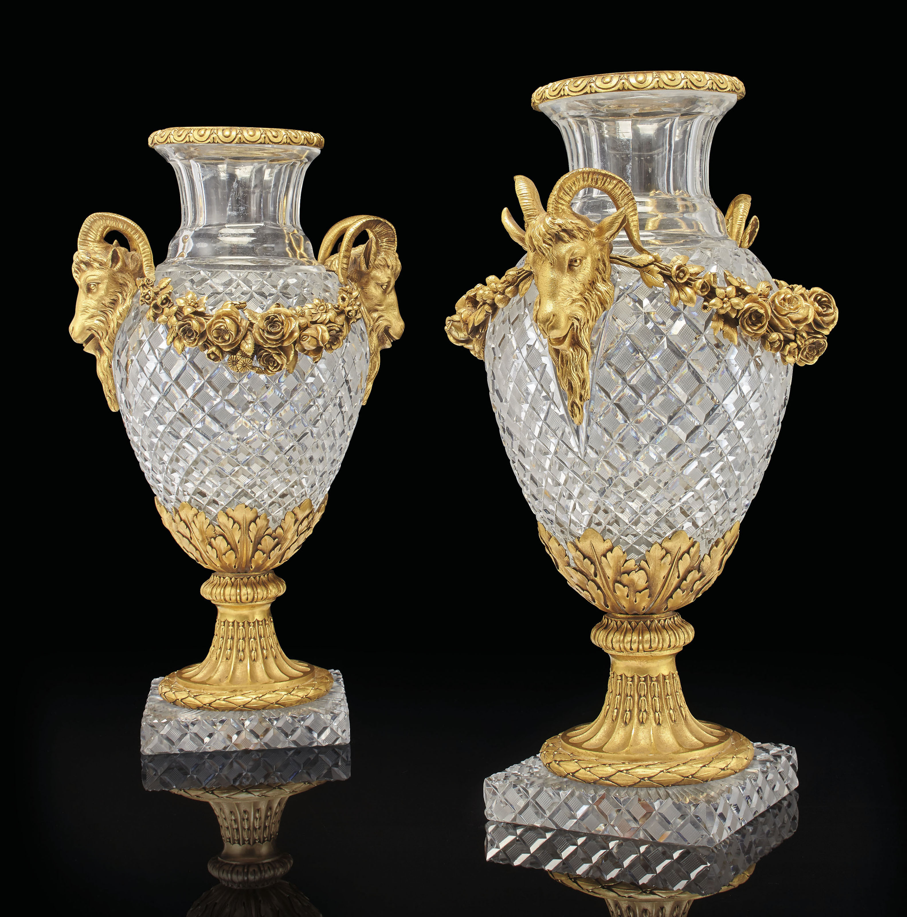 A PAIR OF FRENCH ORMOLUMOUNTED CUTGLASS VASES , LAST QUARTER 19TH