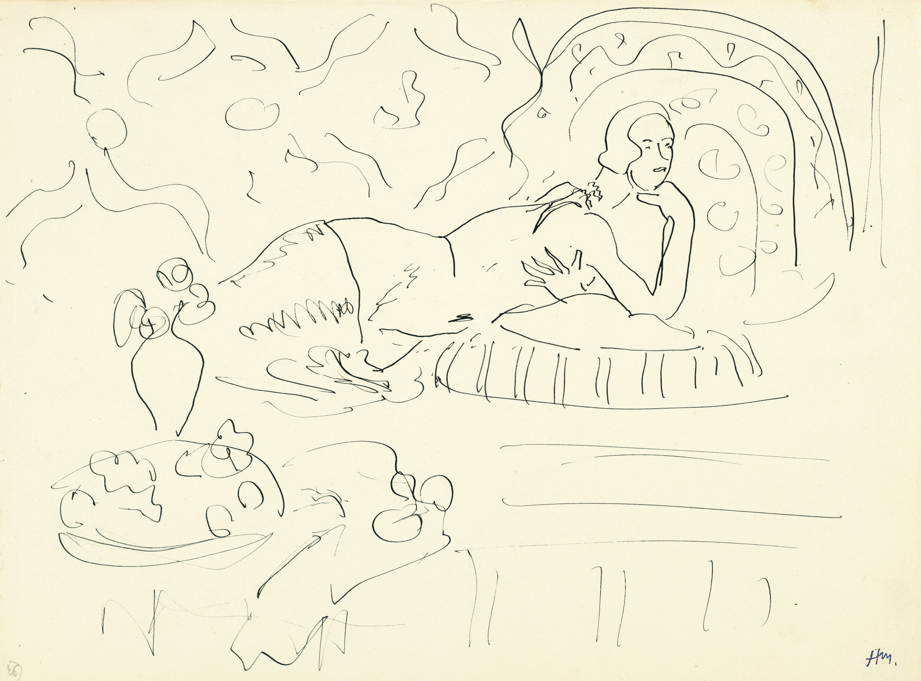 Nu sur coussin, vase de fleurs