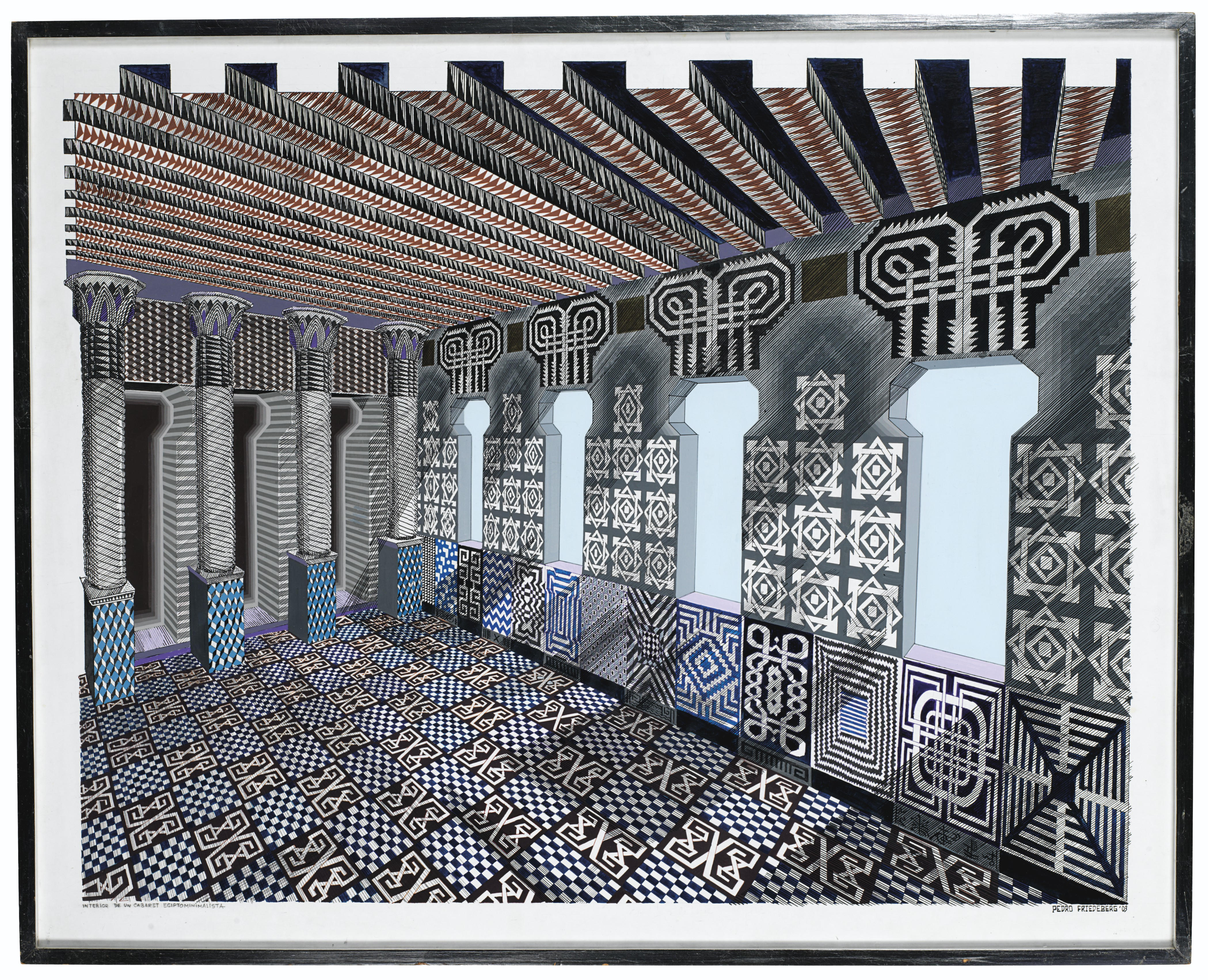 Pedro Friedeberg (b. 1936), Interior de un cabaret egiptominimalista, executed in 2003. Acrylic and ink on paper. 31&frac34; x 39&frac34; in (80.6 x 101 cm). Estimate: $12,000-18,000. This lot is offered in 
Latin American Art Online
, 18-29 May 2019, Online