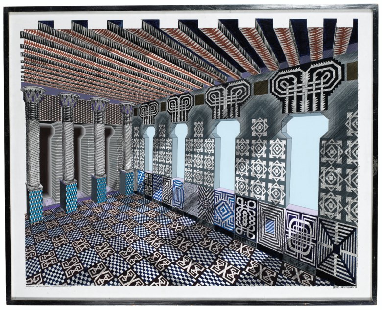 Pedro Friedeberg (b. 1936), Interior de un cabaret egiptominimalista, executed in 2003. Acrylic and ink on paper. 31¾ x 39¾ in (80.6 x 101 cm). Estimate $12,000-18,000. This lot is offered in 
Latin American Art Online
, 18-29 May 2019, Online