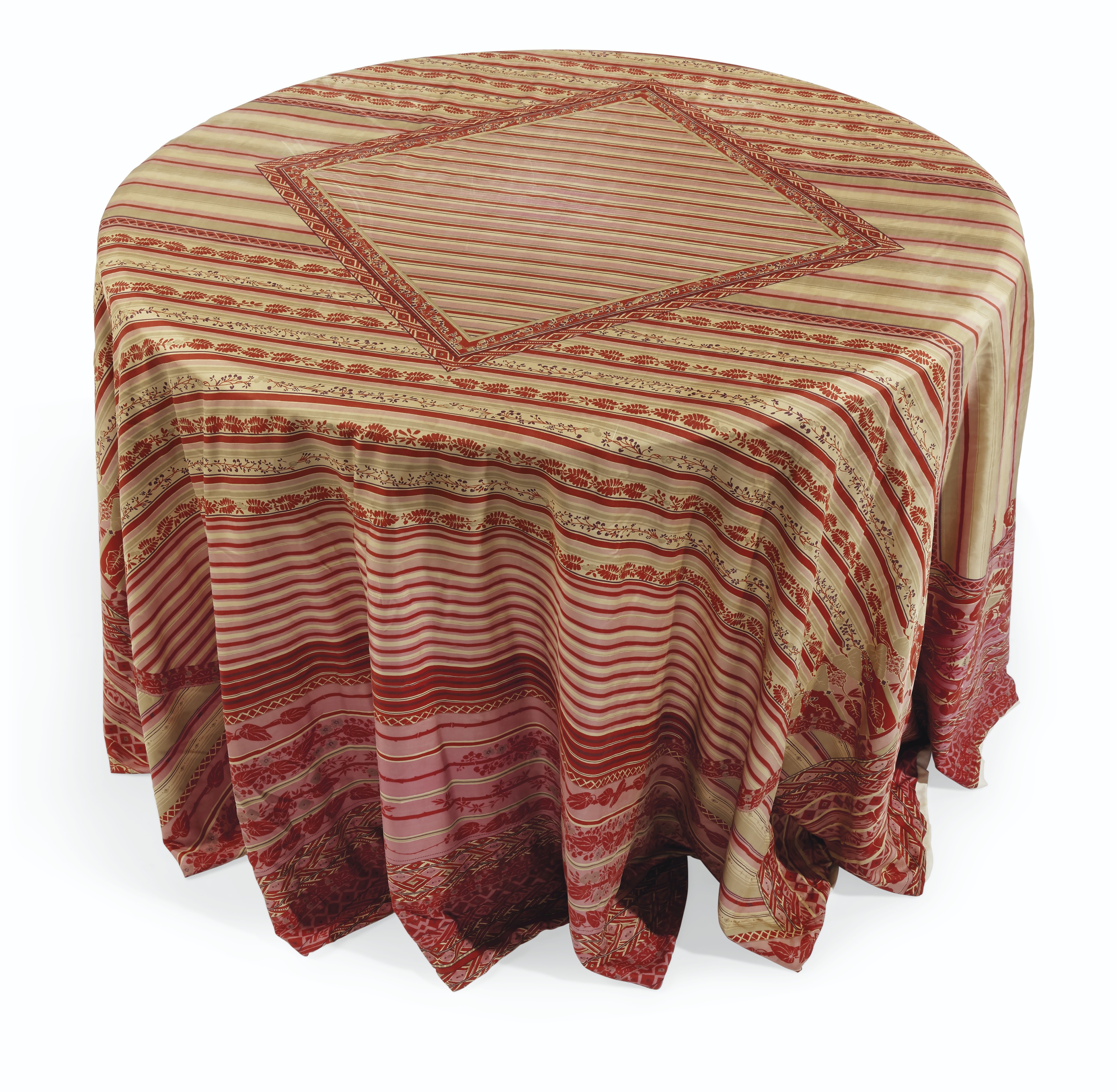 A CIRCULAR INDIAN SILK TABLECLOTH , DESIGNED BY LEE RADZIWILL, LATE