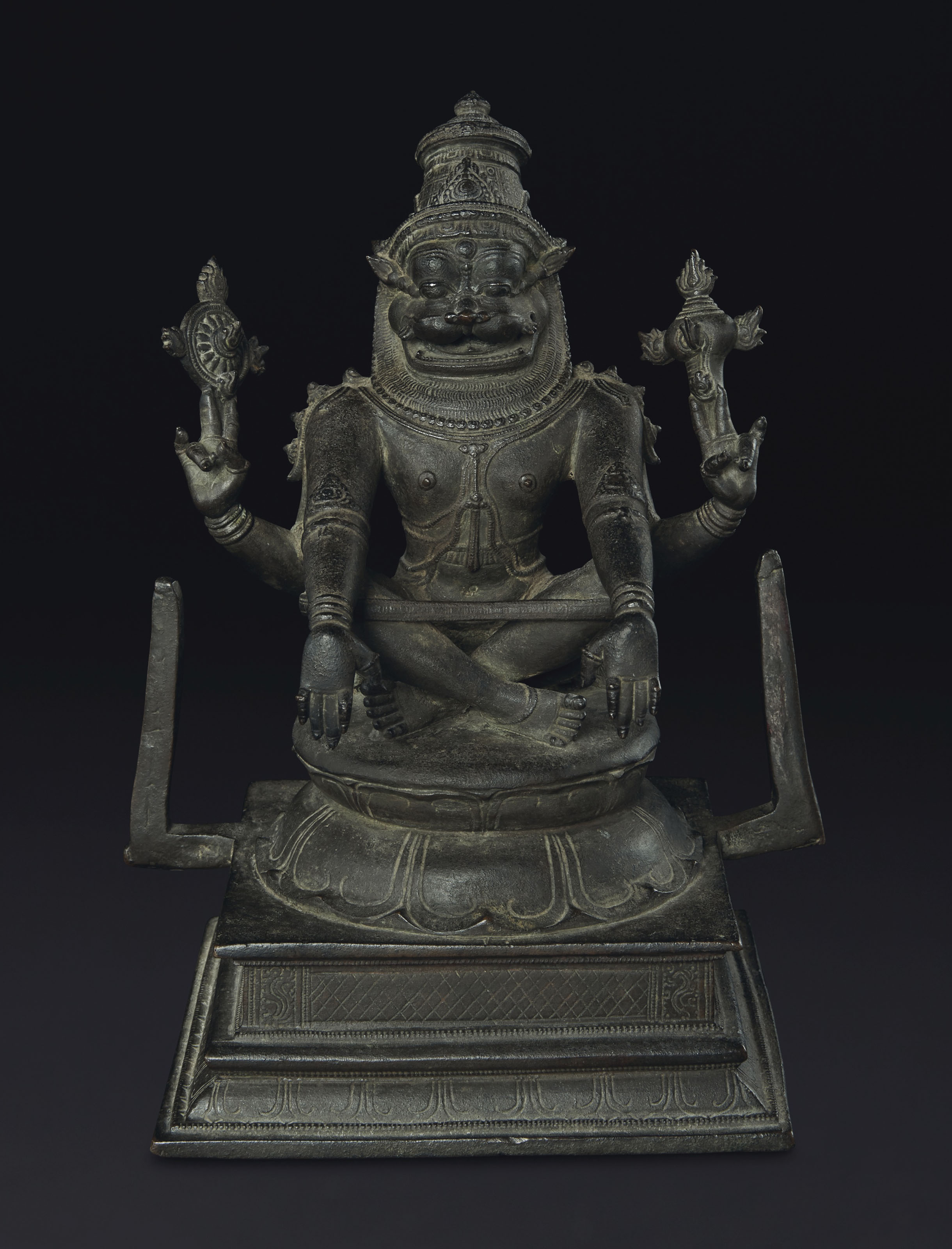 A BRONZE FIGURE OF YOGA NARASIMHA , SOUTH INDIA, TAMIL NADU