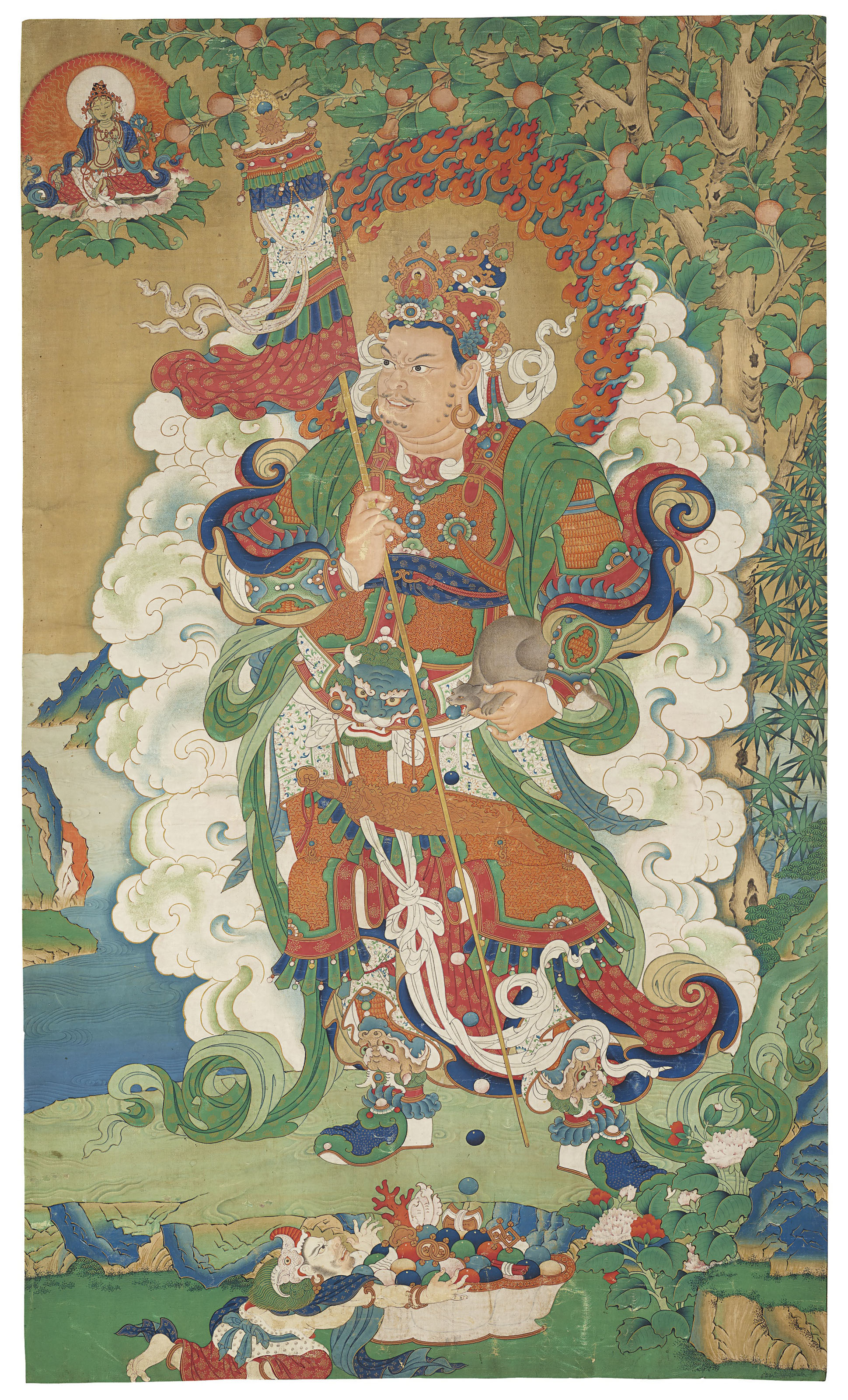 A painting of Vaishravana, Tibeto-Chinese, 18th century. Image 40&frac34; x 24⅛  in (103.5 x 61.4  cm). Sold for $447,000 on 20 March 2019 at Christie&rsquo;s in New York