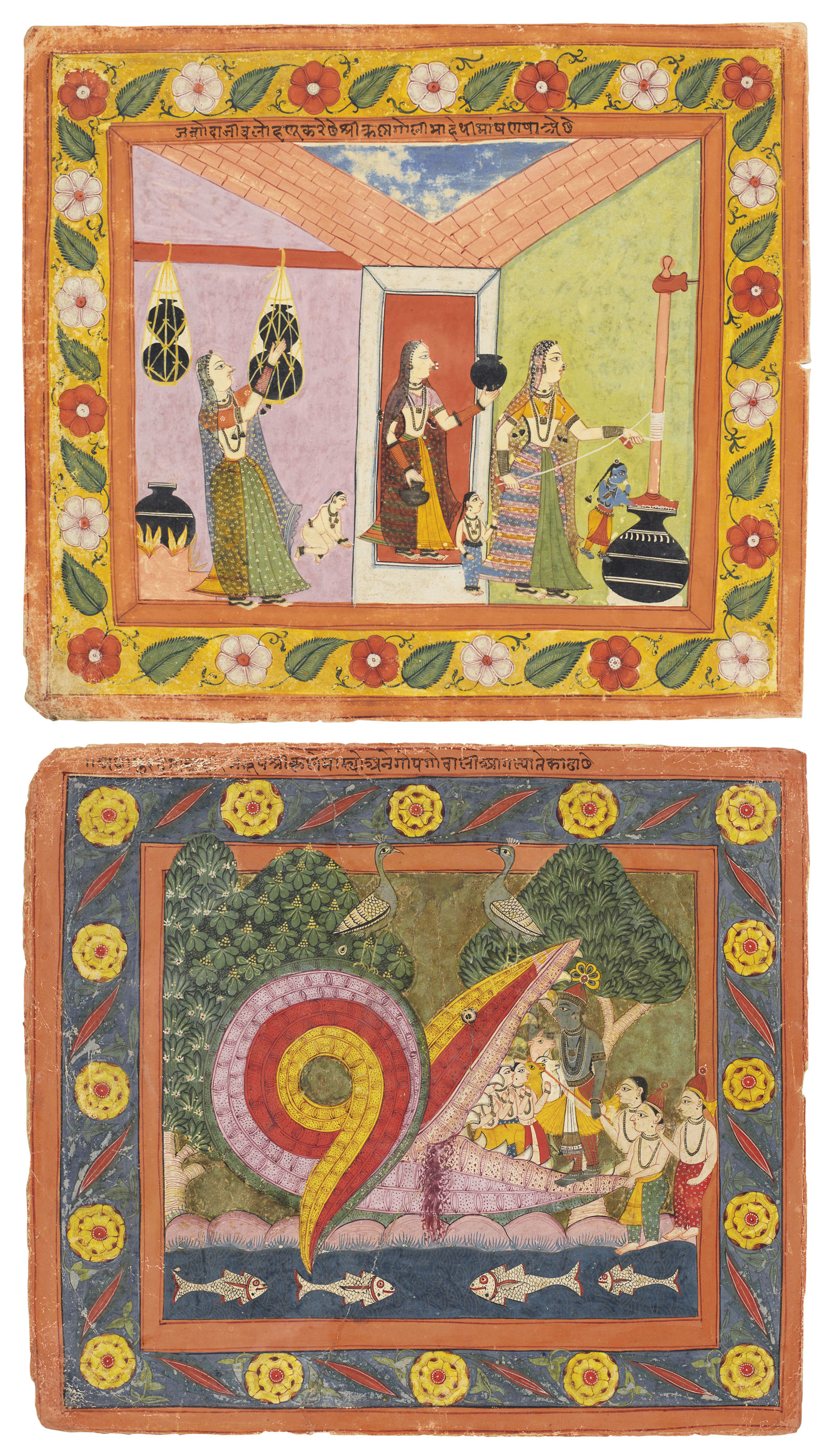 Two Illustrations From The Bhagavata Purana Krishna And Yashoda Churning Butter And Krishna Enters The Snake Purana mandir is example of great indian cinema and at the same time low budget. krishna and yashoda churning butter and