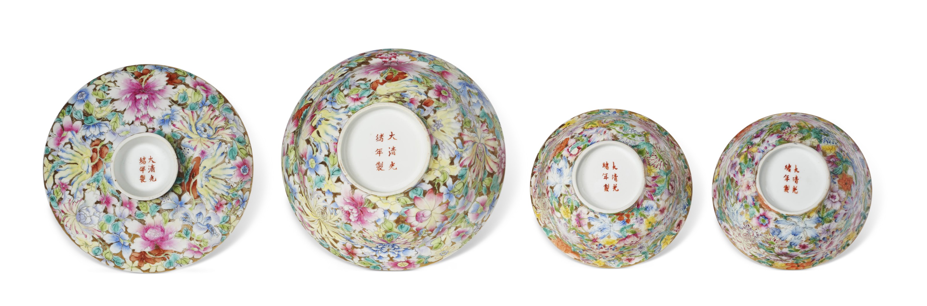 清光绪粉彩百花不落地碗三件及盖一件, GUANGXU SIX-CHARACTER MARKS IN