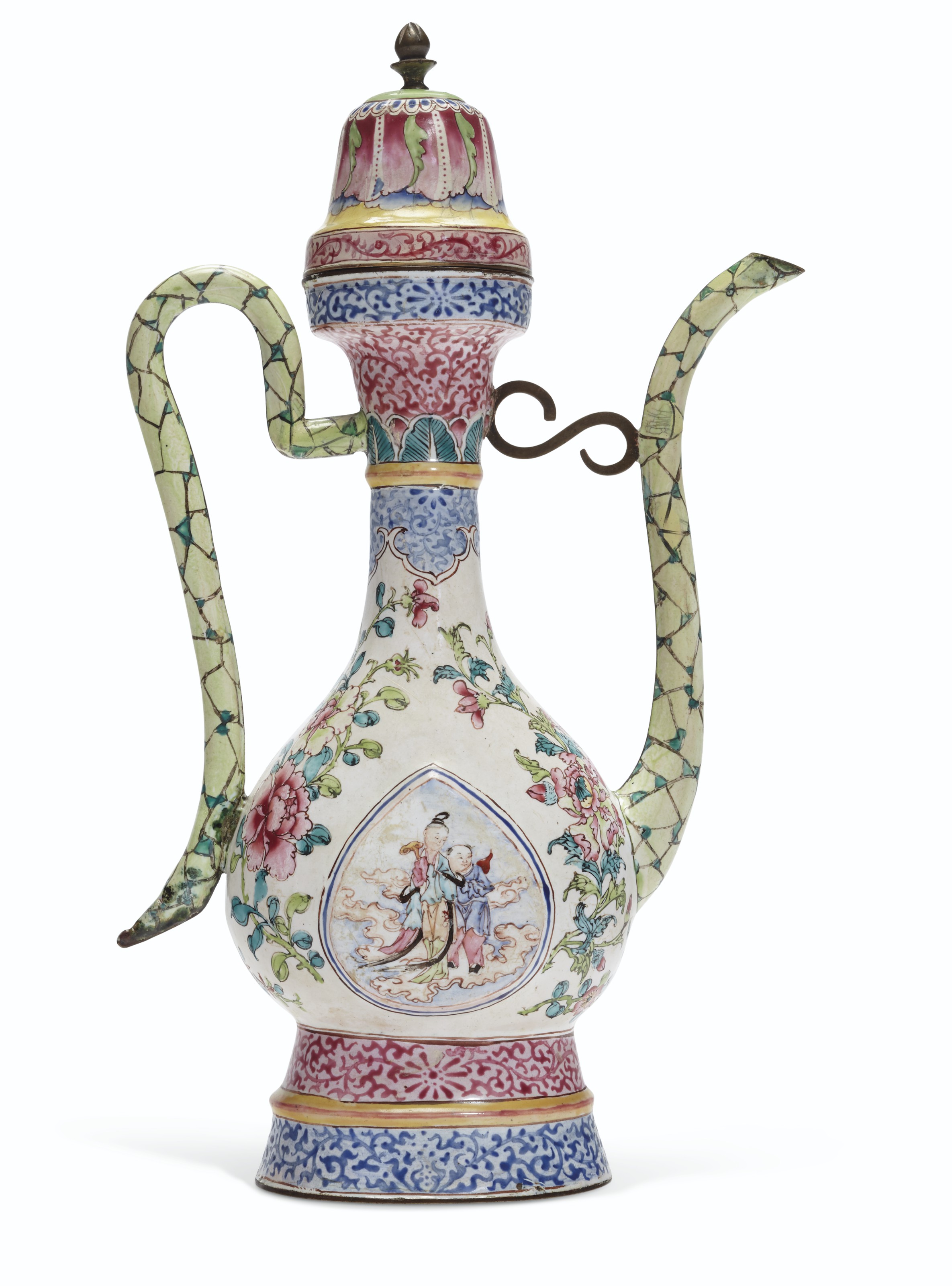 A CHINESE EXPORT ENAMELONCOPPER WINE POT AND COVER