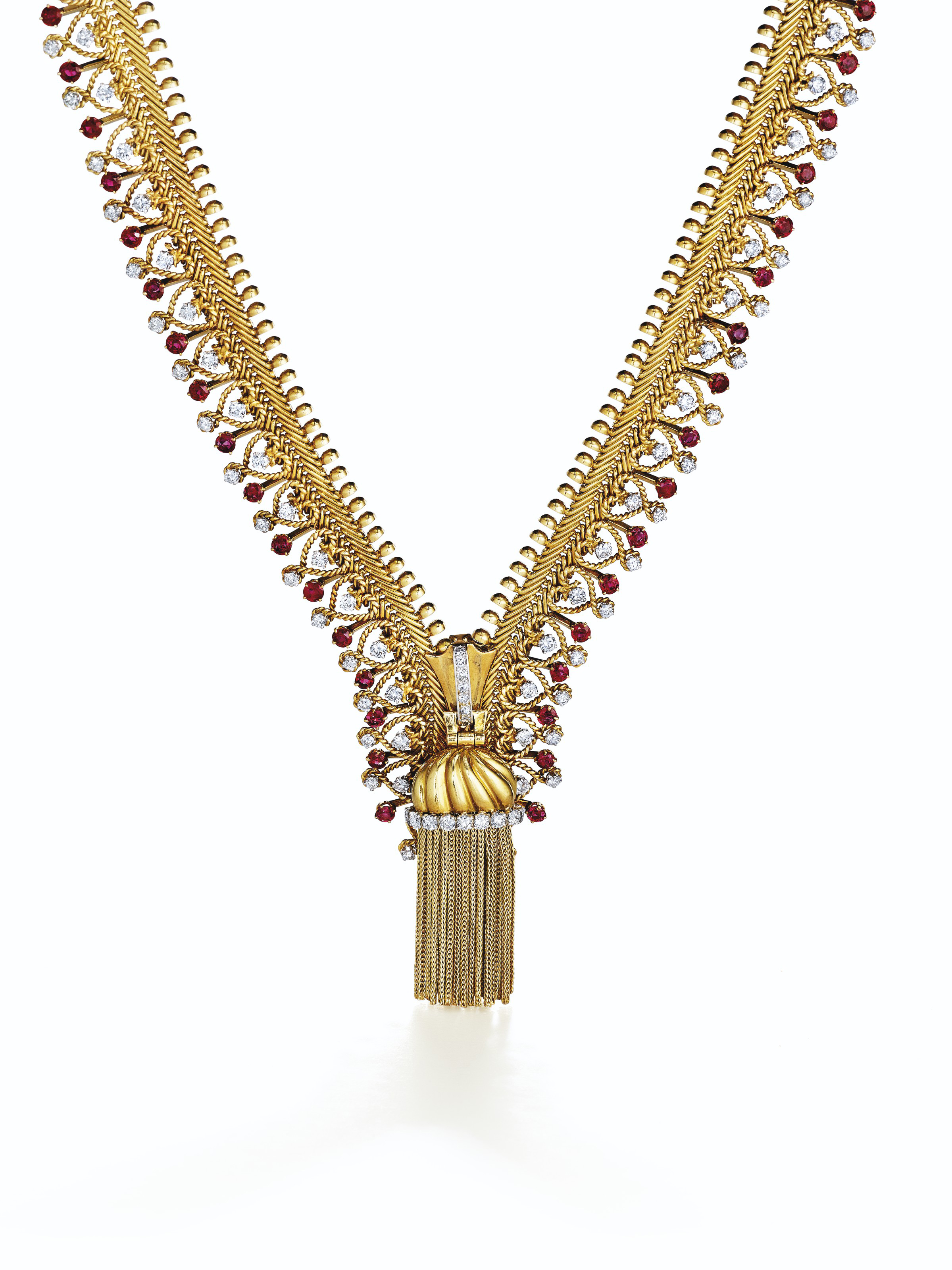AN ICONIC RETRO GOLD, RUBY AND DIAMOND 'ZIP' NECKLACE, VAN CLEEF