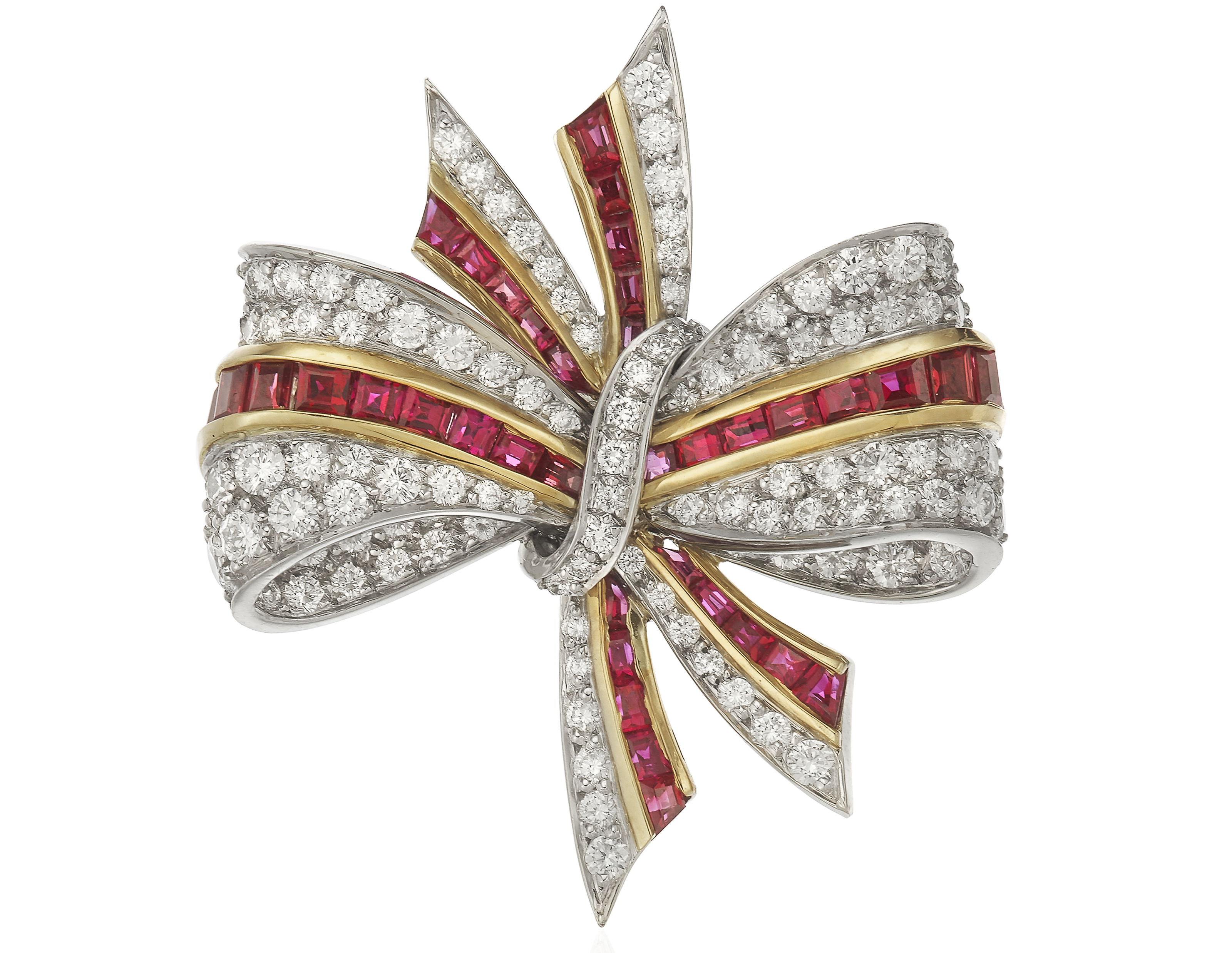 TIFFANY CO. DIAMOND AND RUBY BOW BROOCH
