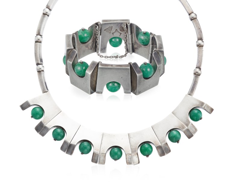 Antonio Pineda set of aventurine quartz and silver jewellery. Dimensions 39.1 cm length, 2.4 cm at widest point (necklace); 17.8 cm inner circumference, 2.4 cm width (bracelet). Estimate $1,200-1,800. Offered in 
Christies Jewels Online, 10-18 April 2019, Online