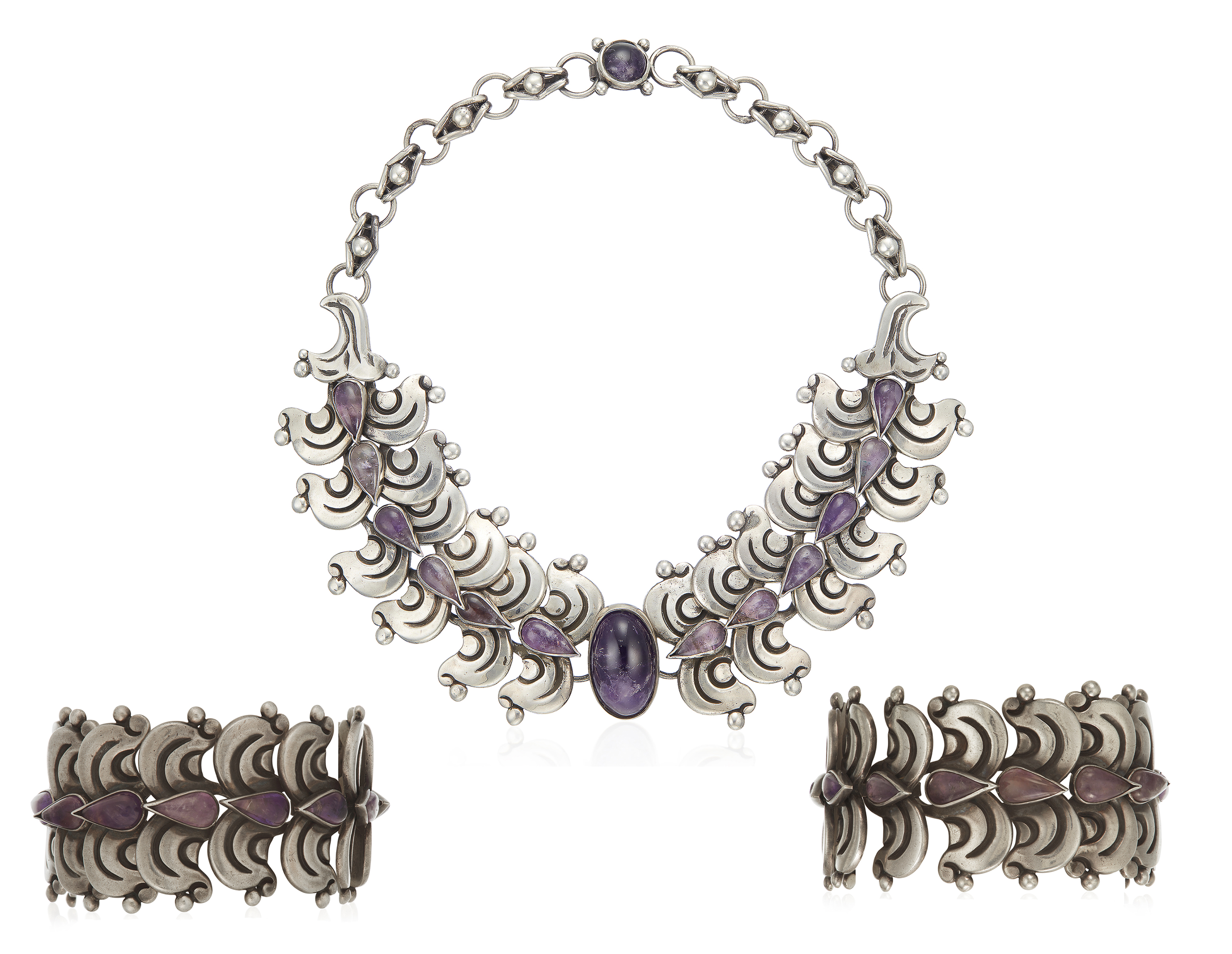 H&eacute;ctor Aguilar set of amethyst and silver jewellery. Dimensions: 42.5 cm length, 4.2 cm width (necklace); 16.5 cm length and 18.5 cm length, 4.0 cm width (bracelets). Estimate: $1,500-2,000. Offered in 
Christie's Jewels Online, 10-18 April 2019, Online