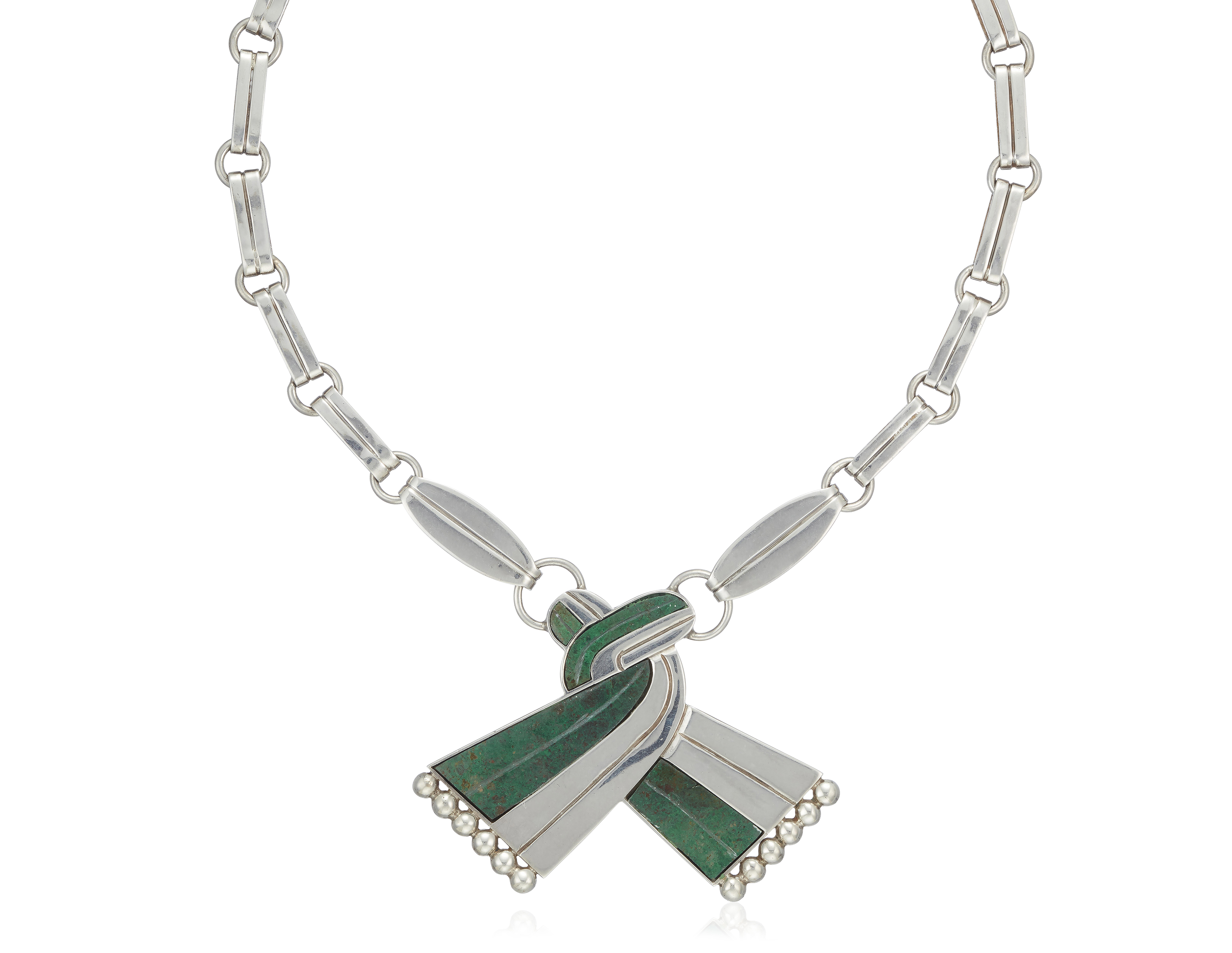 William Spratling malachite and silver pendant necklace. Dimensions: 48.5 cm length, 5.5 cm drop. Estimate: $1,000-1,500. Offered in 
Christie's Jewels Online, 10-18 April 2019, Online