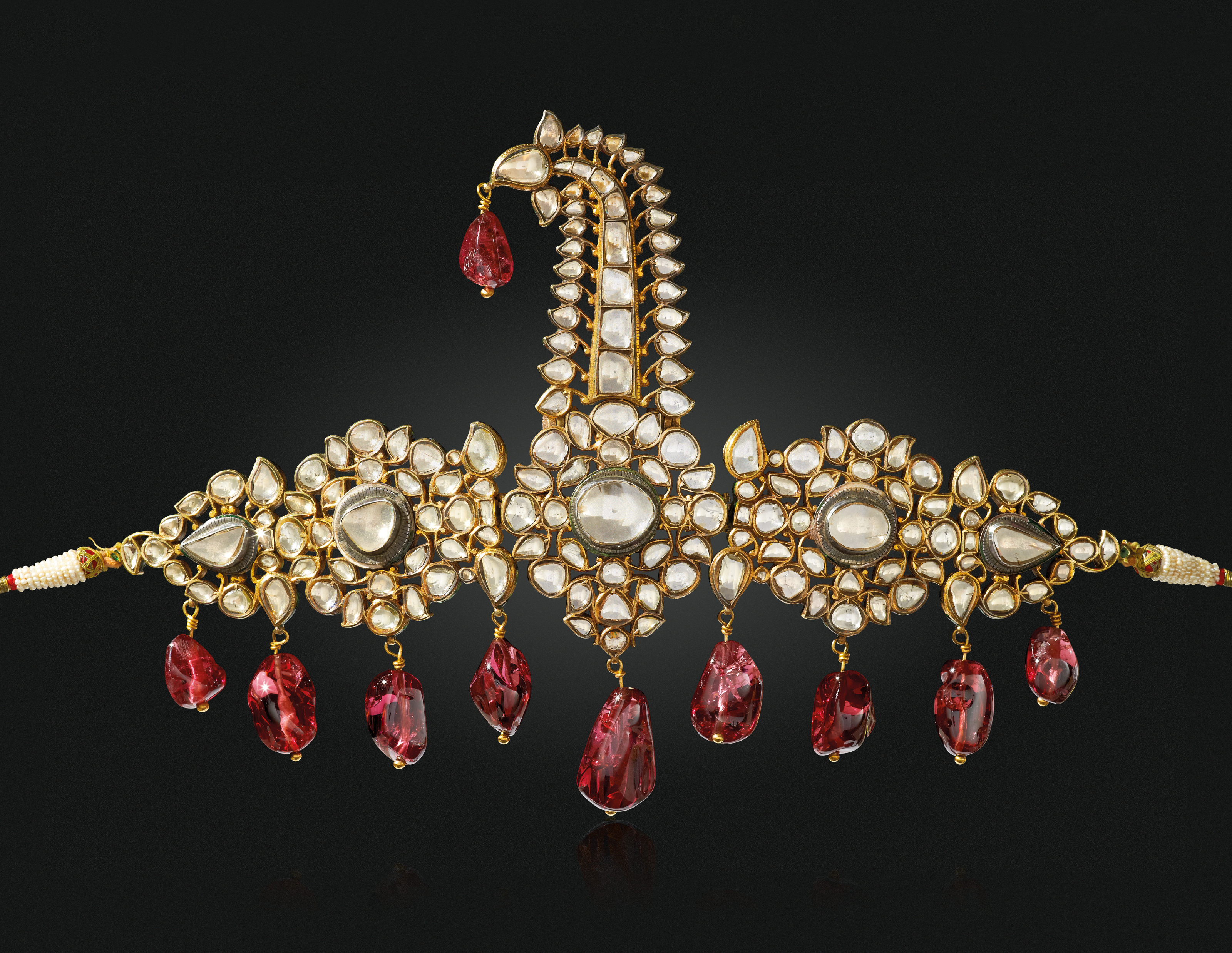 ANTIQUE DIAMOND, SPINEL, PEARL AND ENAMEL SARPECH Indian Nizam jewellery