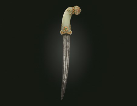 A MUGHAL GEM SET JADE HILTED DAGGER