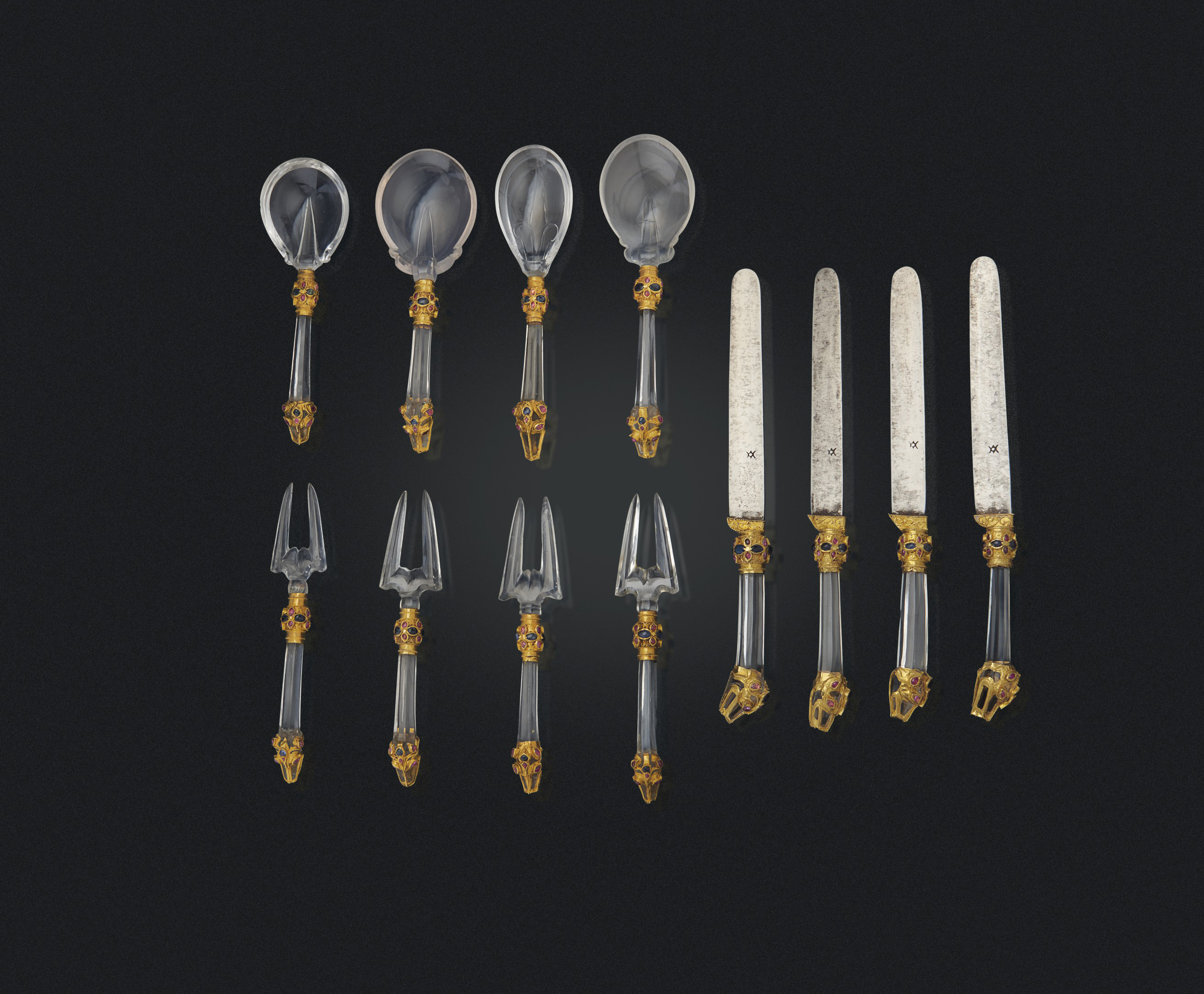 A SET OF ROCKCRYSTAL AND GOLD CUTLERY , SRI LANKA OR GOA, INDIA, 16TH