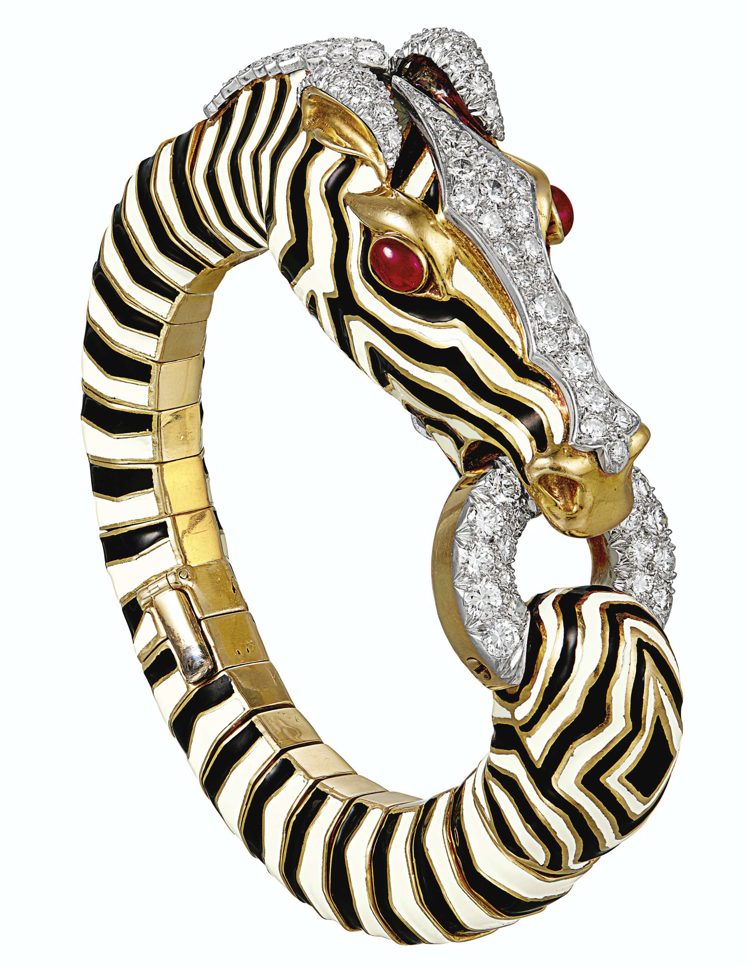 DIAMOND, RUBY AND ENAMEL ZEBRA BANGLE BRACELET, DAVID WEBB