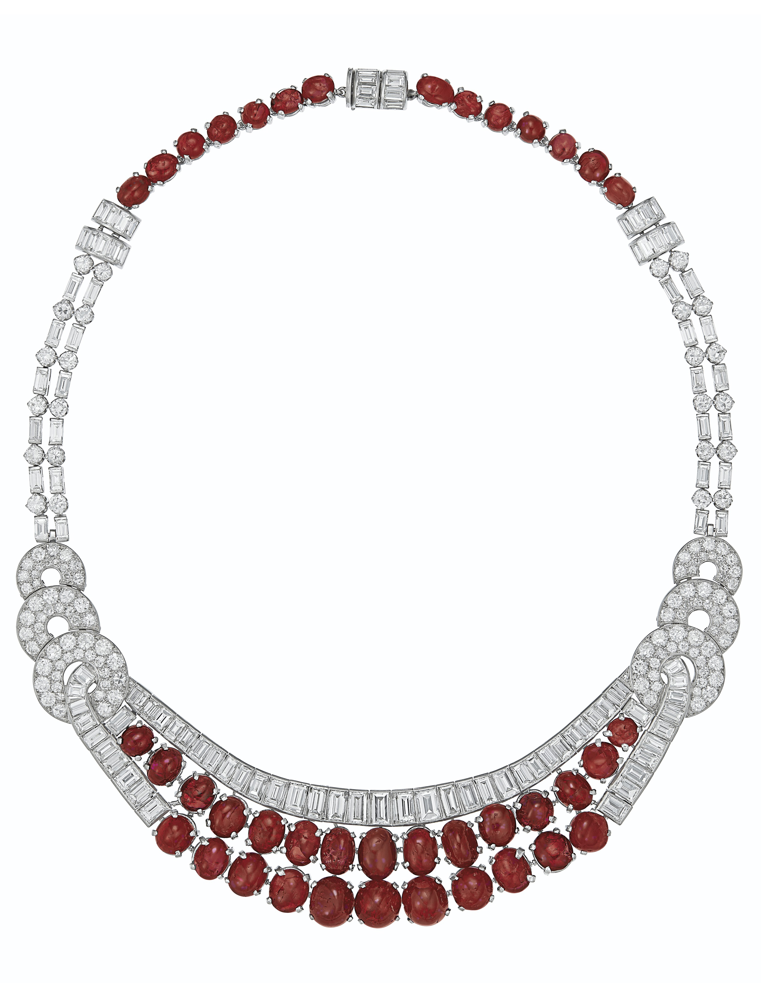 Art Deco ruby and diamond necklace. Oval and circular-shaped cabochon rubies, baguette and old-cut diamonds, platinum, circa 1930. Sold for $60,000 on 11 December 2019 at Christie’s in New York