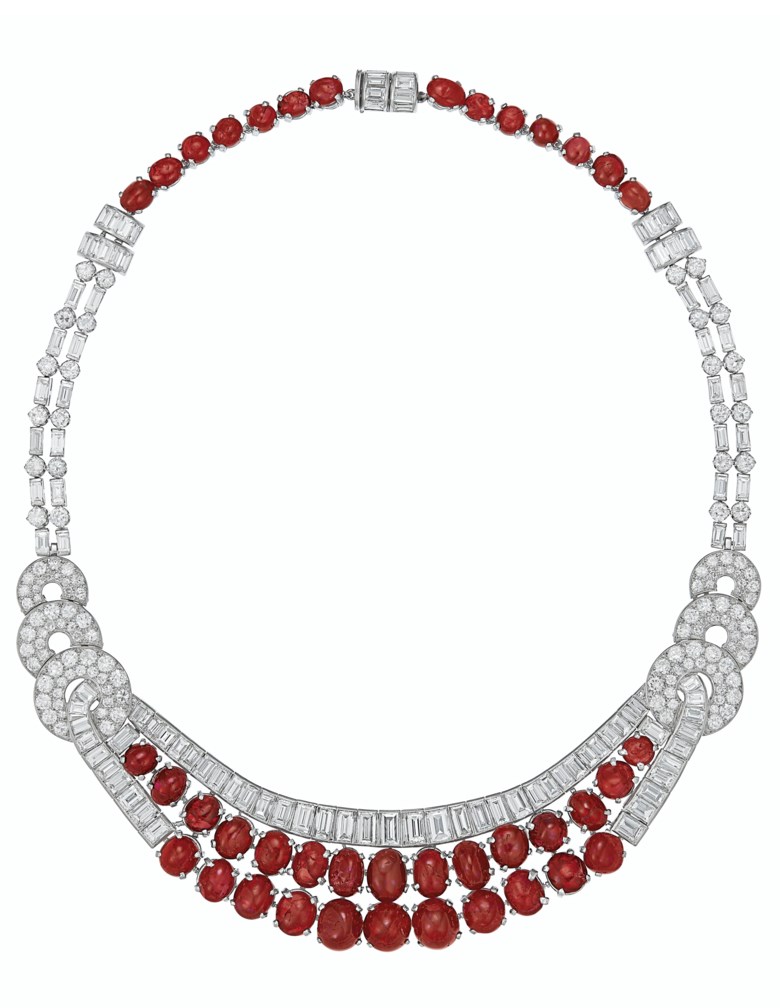 Art Deco ruby and diamond necklace. Oval and circular-shaped cabochon rubies, baguette and old-cut diamonds, platinum, circa 1930. Sold for $60,000 on 11 December 2019 at Christie’s in New York