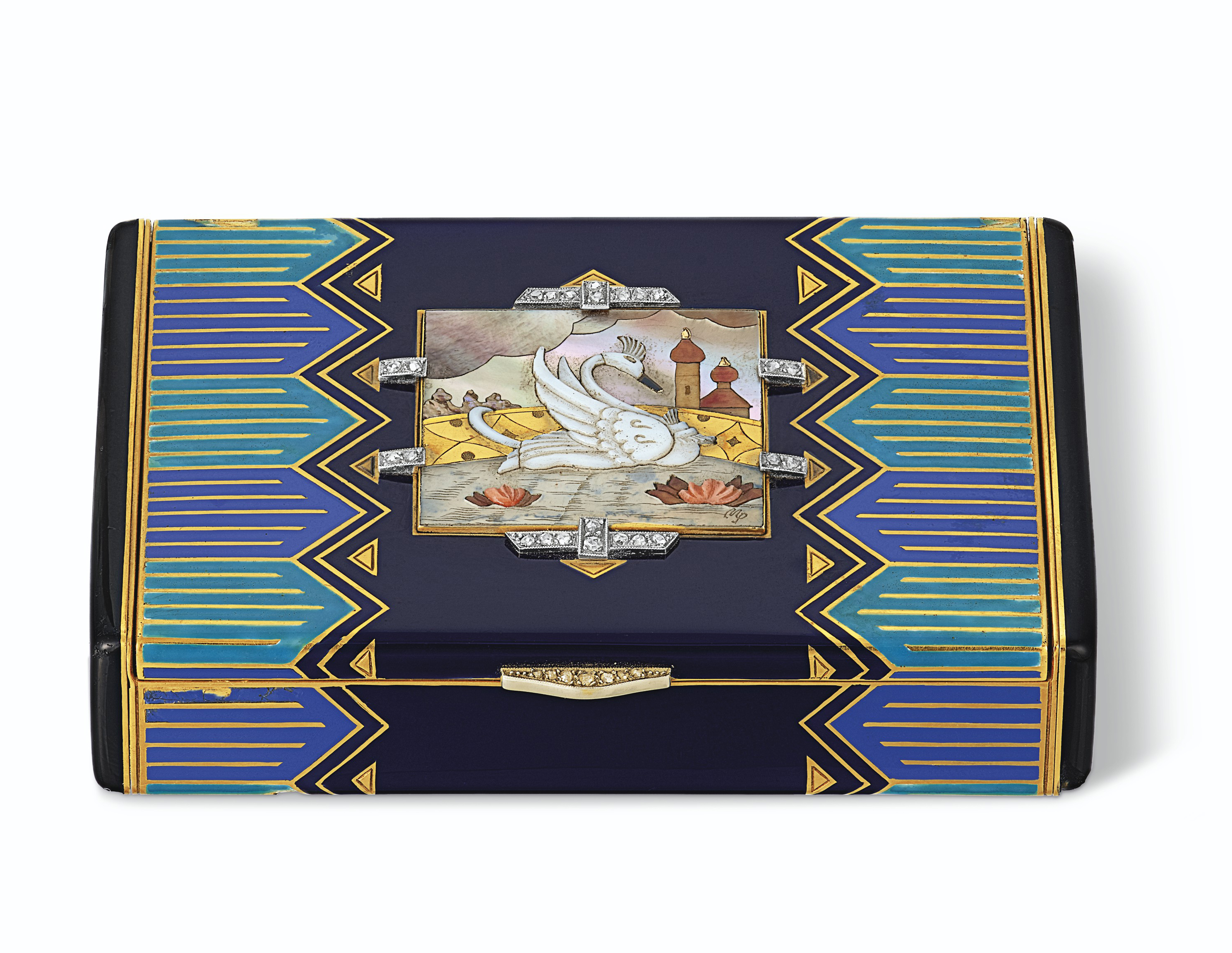 ART DECO DIAMOND, ENAMEL AND MULTIGEM SWAN VANITY CASE, BLACK STARR