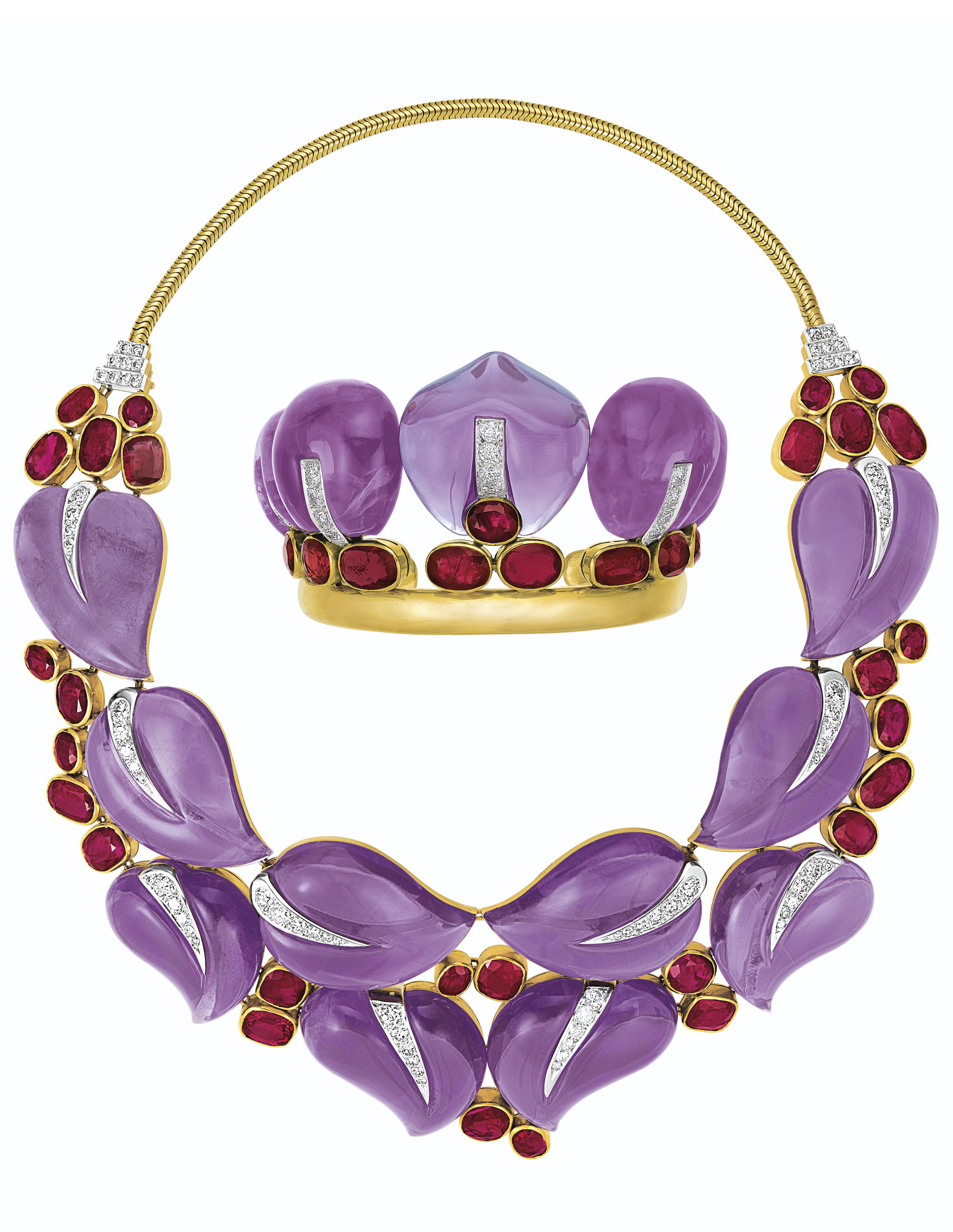 SET OF AMETHYST, RUBY AND DIAMOND 'LEAVES' JEWELRY, SUZANNE BELP