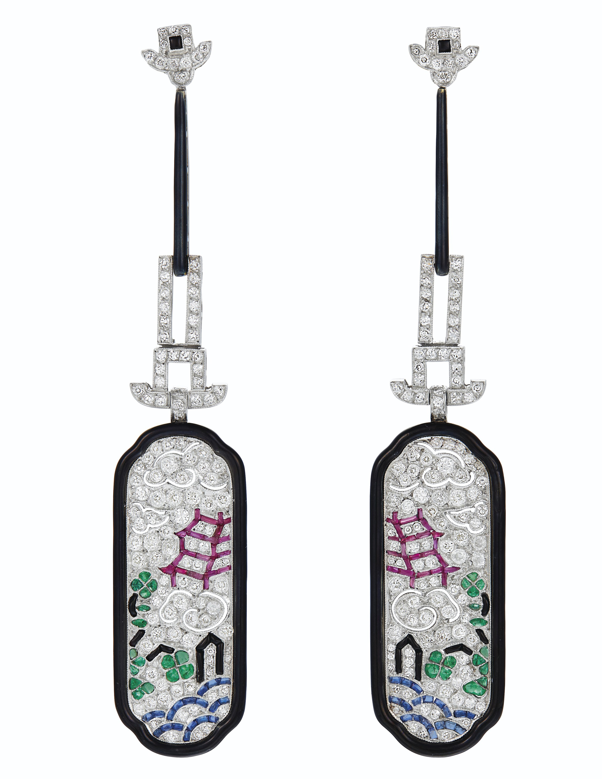 Lacloche Freres. A pair of Art deco diamond, multi-gem and enamel earrings, sold for $237,500 on 11 December 2019 at Christie's in New York