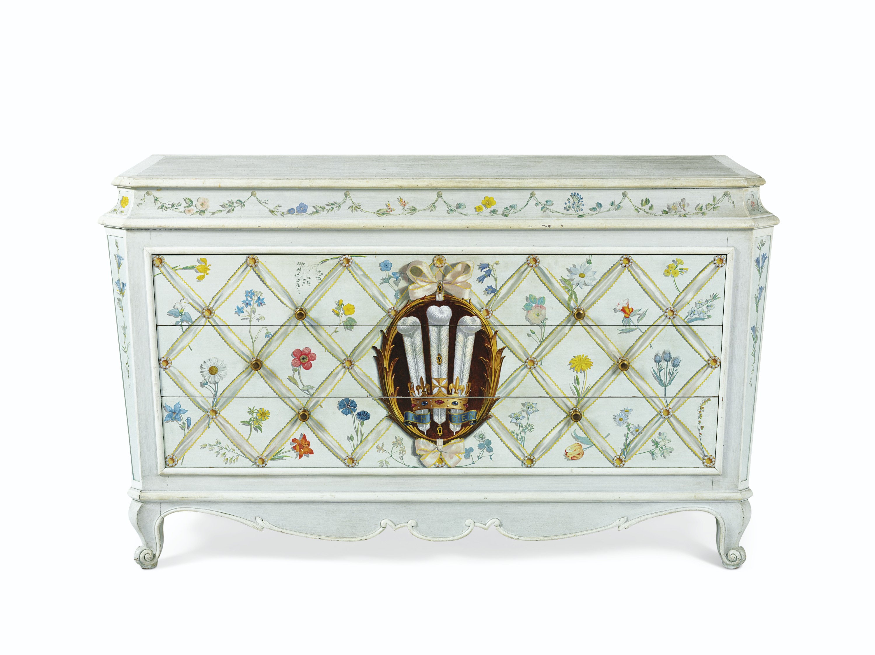 A PAIR OF FRENCH POLYCHROMEPAINTED COMMODES , SUPPLIED BY MAISON