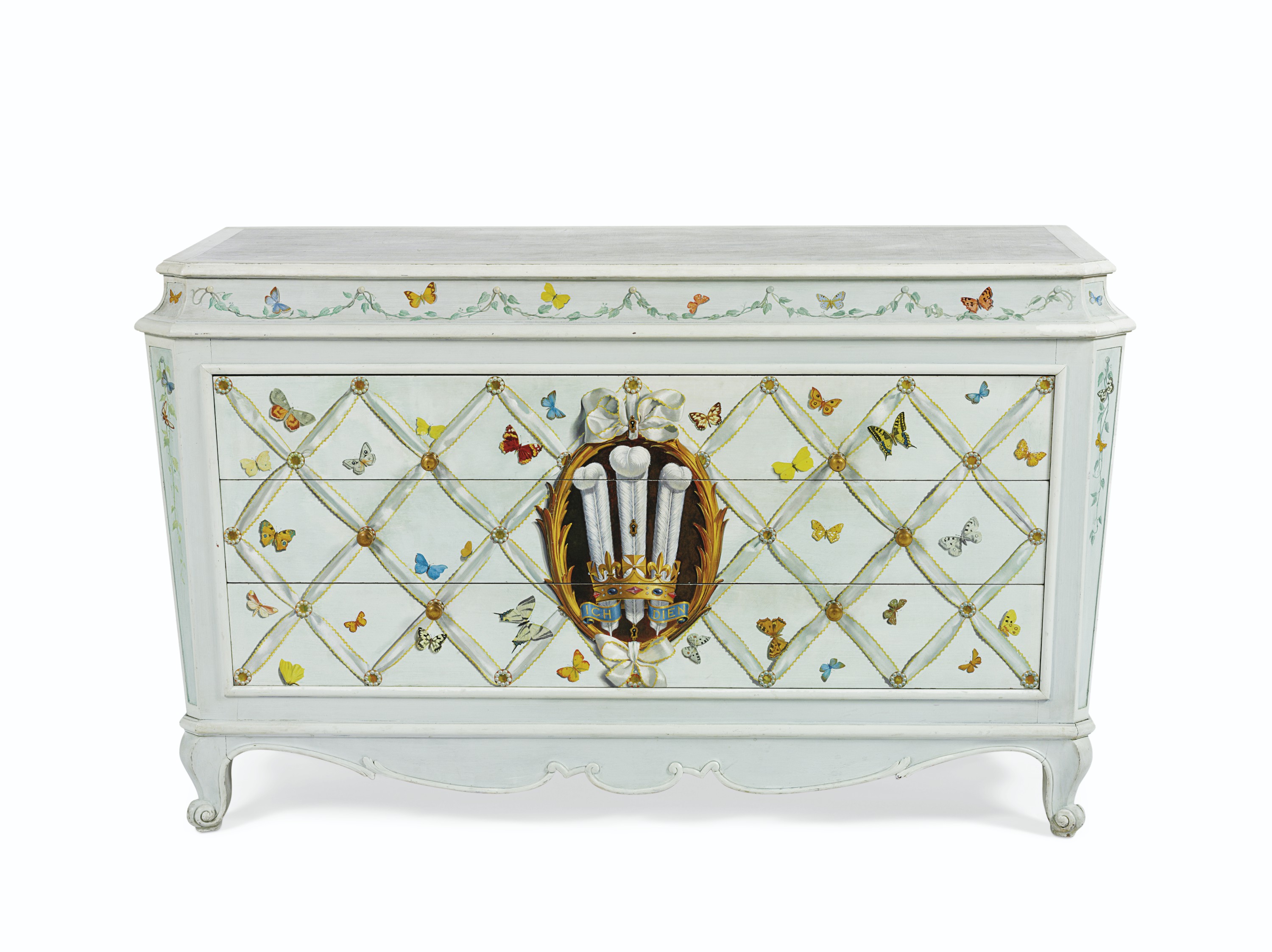 A PAIR OF FRENCH POLYCHROMEPAINTED COMMODES , SUPPLIED BY MAISON