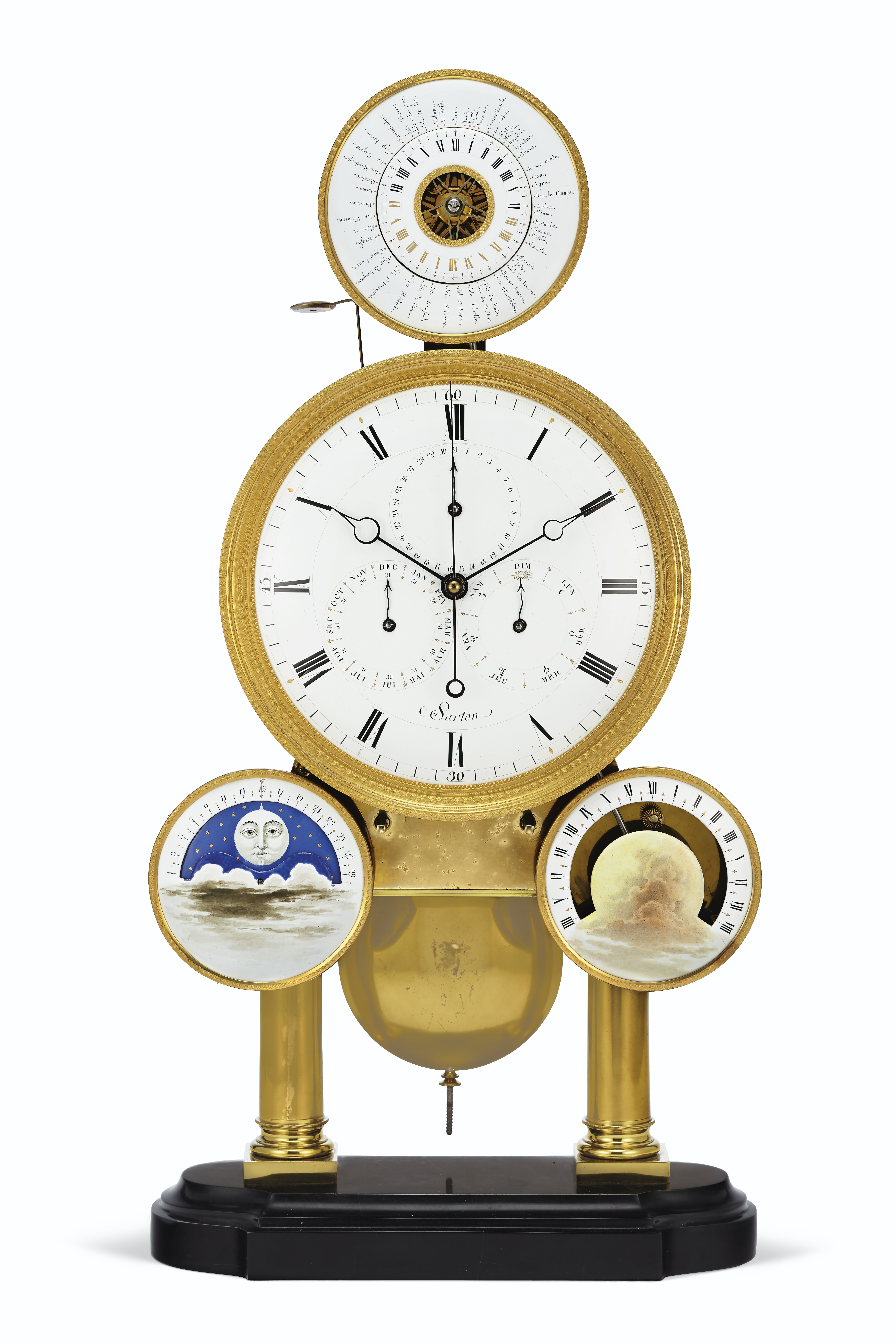 A Belgian ormolu and black marble complicated astronomical world-time skeleton clock, by Hubert Sarton, Li&egrave;ge, circa 1820. 23⅛  in (59  cm) high, 12⅛  in (31  cm) wide, 5&frac14;  in (13.5  cm) deep. Sold for $106,250 on 29 October 2019 at Christie&rsquo;s in New York