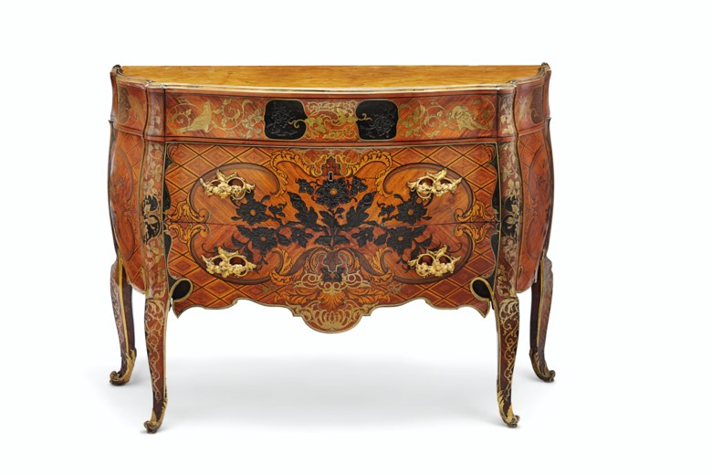 A royal Spanish brass-inlaid and ormolu-mounted tulipwood, ebony, padouk, kingwood and marquetry commode, attributed to José Canops, after designs by Matteo Gasparini, the bronzes possibly by Juan Bautista Ferroni, circa 1765-75. 37 in (94  cm) high, 52  in (132  cm) wide, 22¼  in (56.5  cm) deep. Sold for $447,000 on 29 October 2019 at Christie’s in New York