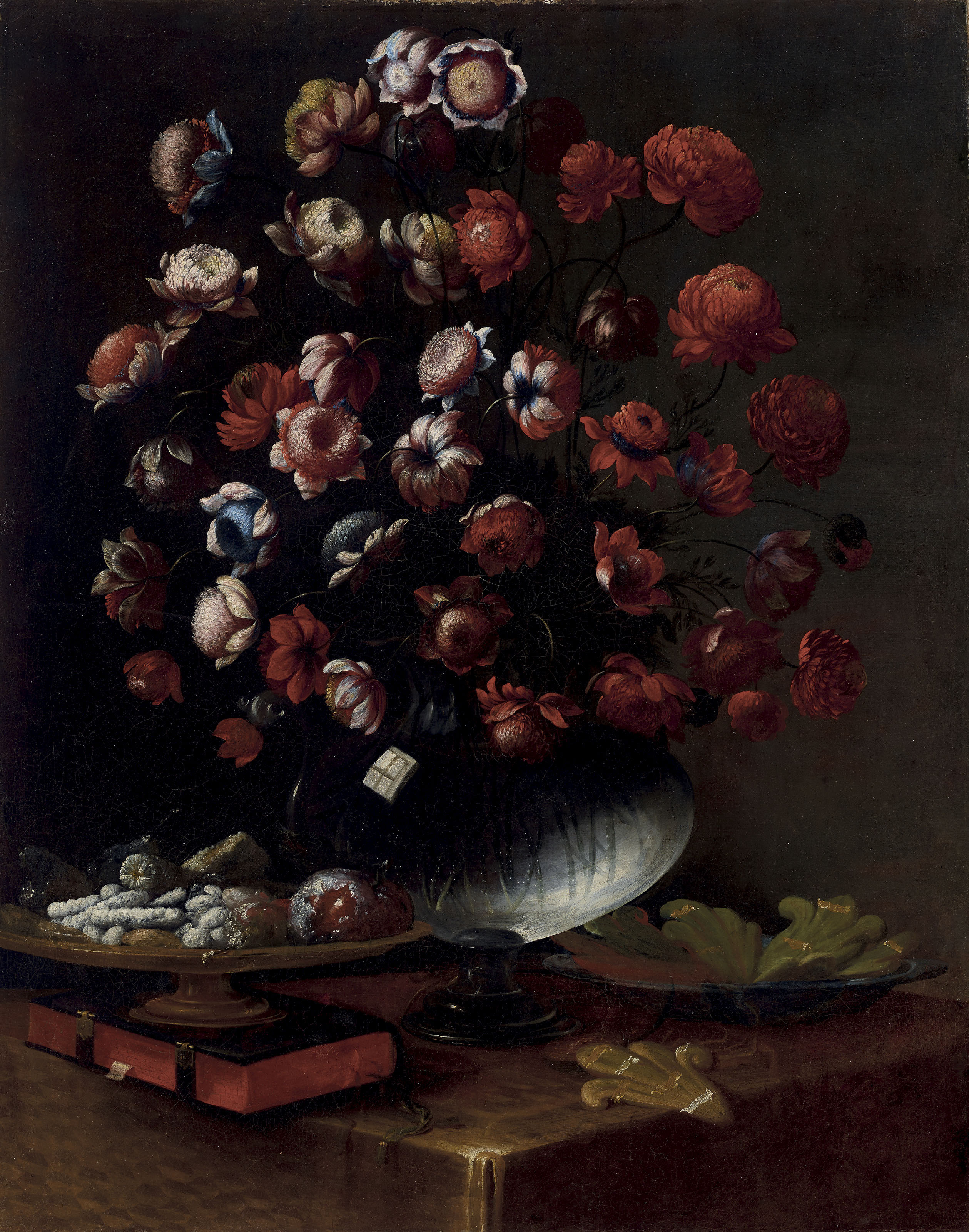 Spanish School, 17th Century , Chrysanthemums and other flowers in a