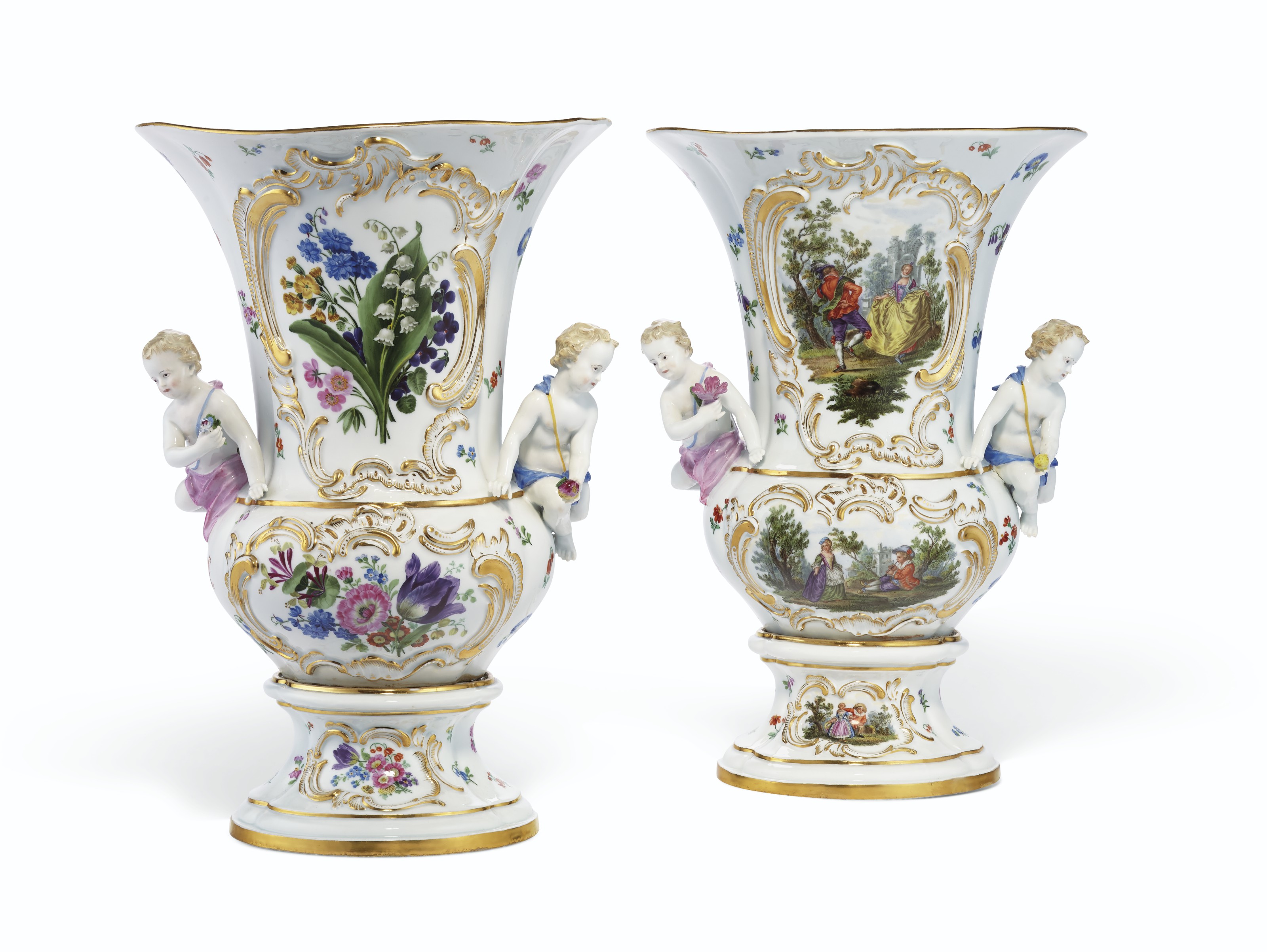 A Pair Of Meissen Porcelain Flower Encrusted Figural Vases Late