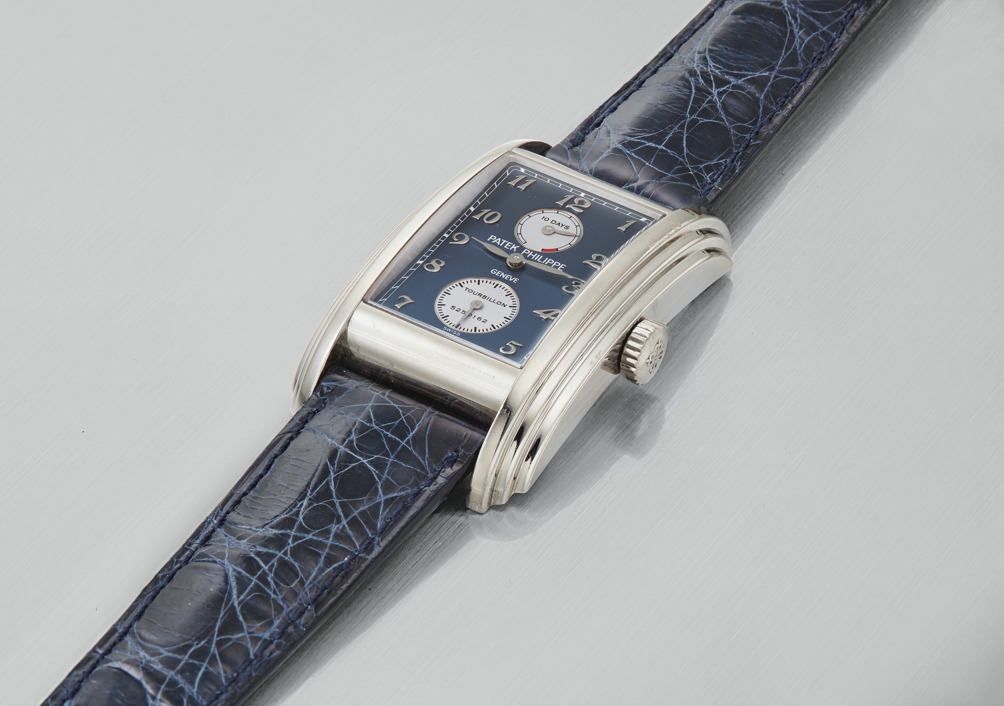 Patek Philippe. A Fine and Rare 18k White Gold Rectangular Tourbillon Wristwatch with 10 Day Power Reserve Signed Patek Philippe Geneve 10 Days Tourbillon Ref. 5101G Movement No. 5 250 162 Case No. 4 ...