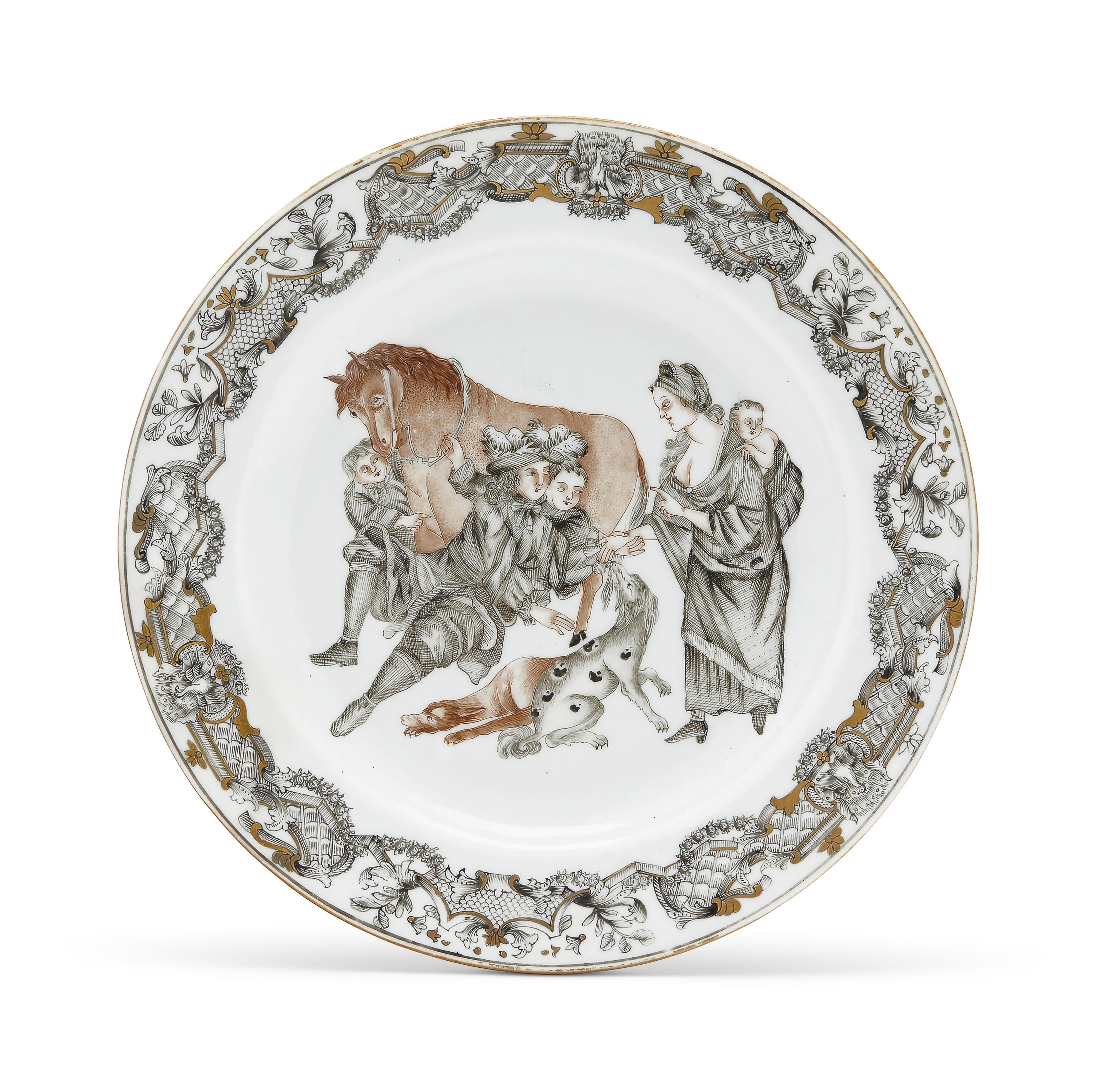 A SEPIA AND GRISAILLE 'FORTUNE TELLER' PLATE, QIANLONG PERIOD