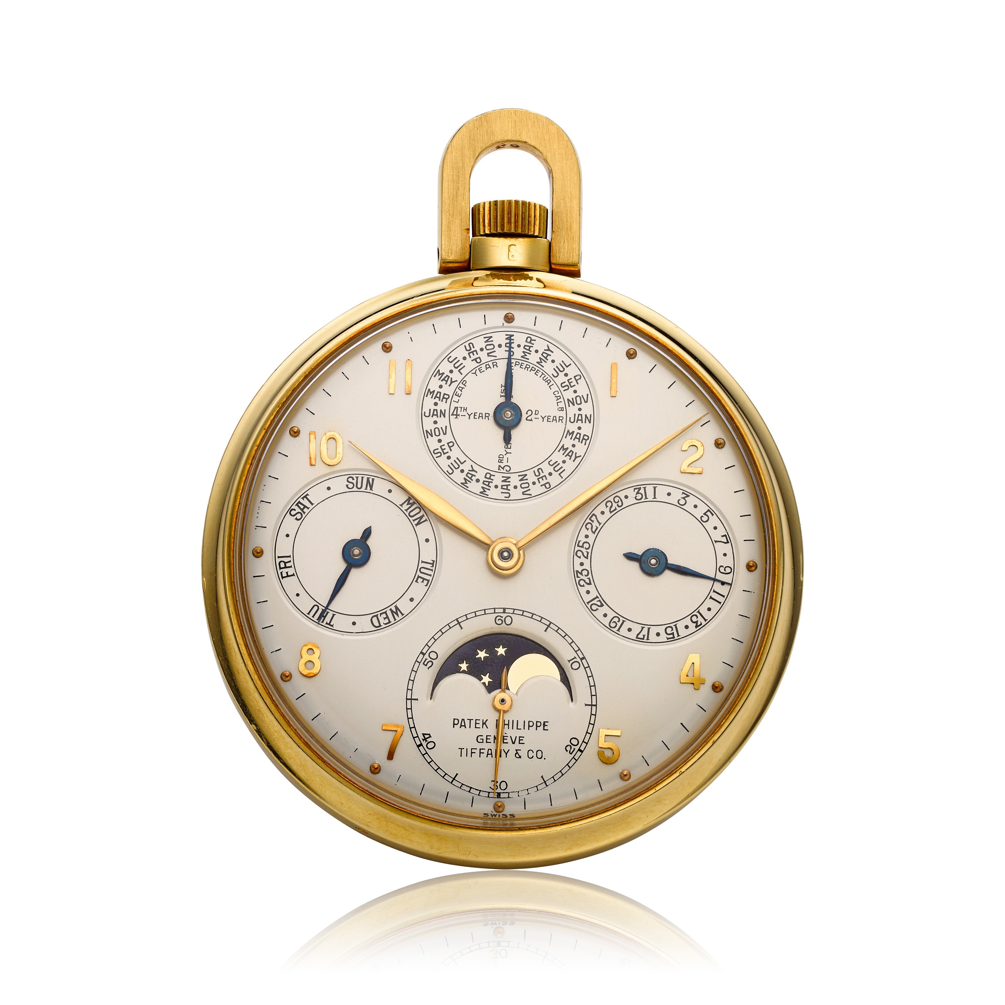PATEK PHILIPPE TIFFANY CO 18K PERPETUAL CALENDAR OPEN FACE POCKET
