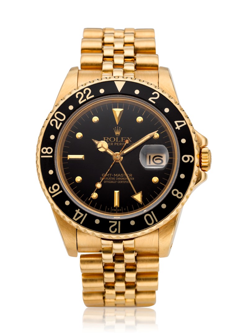 Rolex, 18k GMT-Master, ref. 16758. Estimate $16,000-24,000. Offered in 
Christie’s Watches Online The Keystone Collection, 30 July to 13 August 2019, online